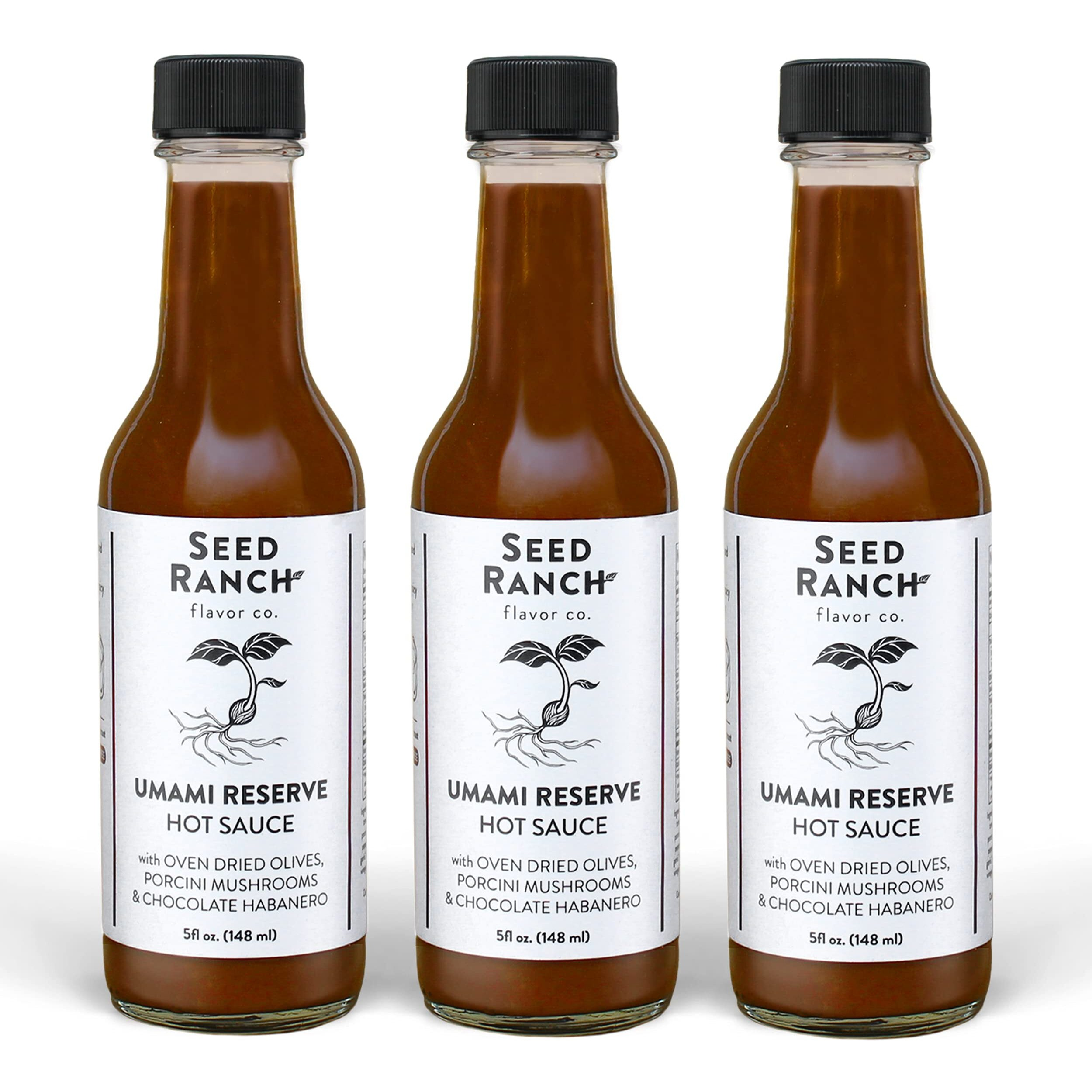 Seed Ranch Umami Reserve Hot Sauce, 3 Pack - Spicy Heat Flavor - Oven Dried Olives, Porcini Mushrooms & Chocolate Habanero - Vegan, Non-Gmo, Gluten-Free - Marinade, Vegetables, Soup & Rice