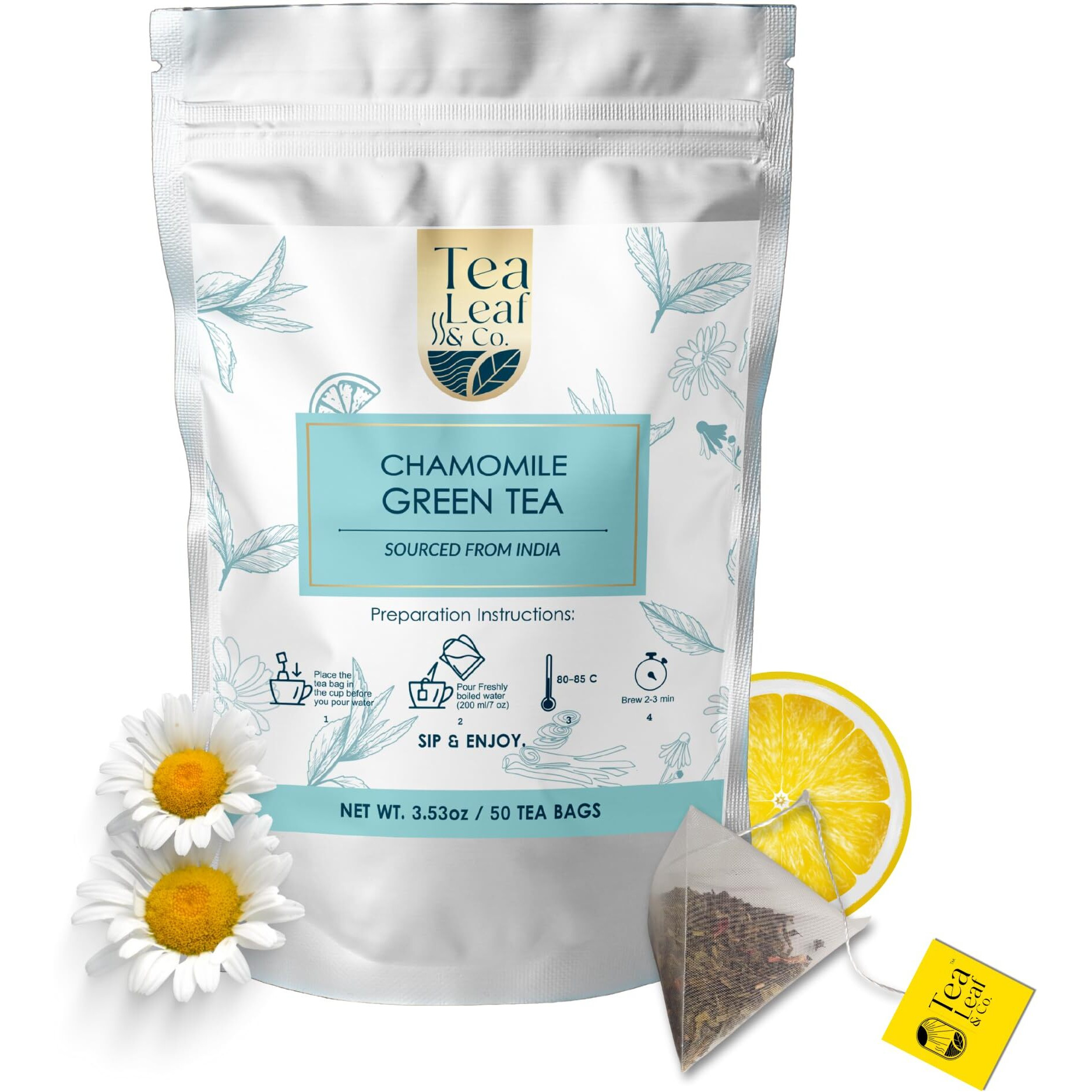 Tea Leaf & Co. Chamomile Green Tea Bags (50 Count), Green Tea With Lemon Extract And Lemongrass, Caffeinated, Real And Natura Green Tea, Blended With Fresh Herbs And Spices, Gluten Free