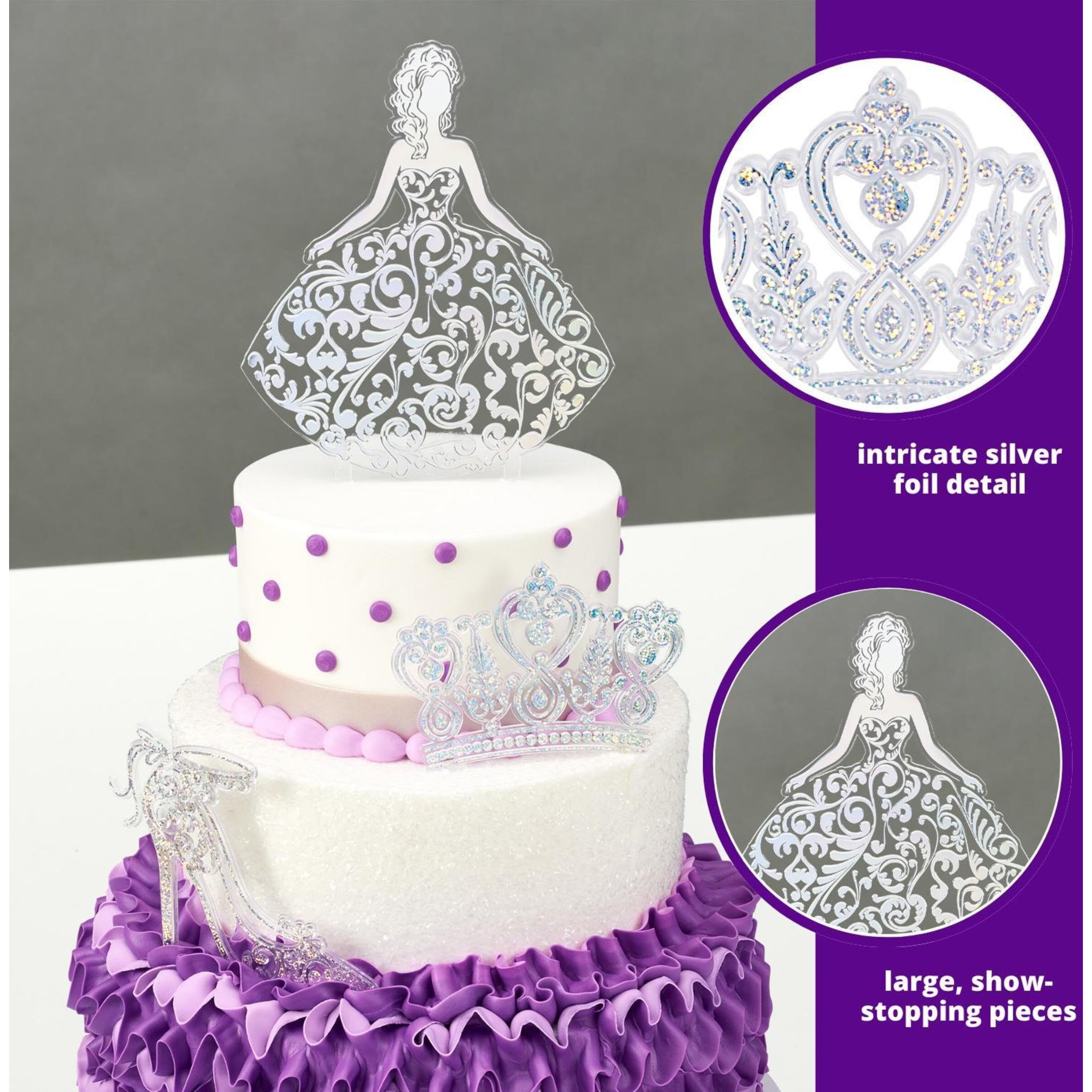 Decopac Quinceanera Cake Topper, Glitter Cake Topper, Silver Cake Decoration, 3 Piece Set