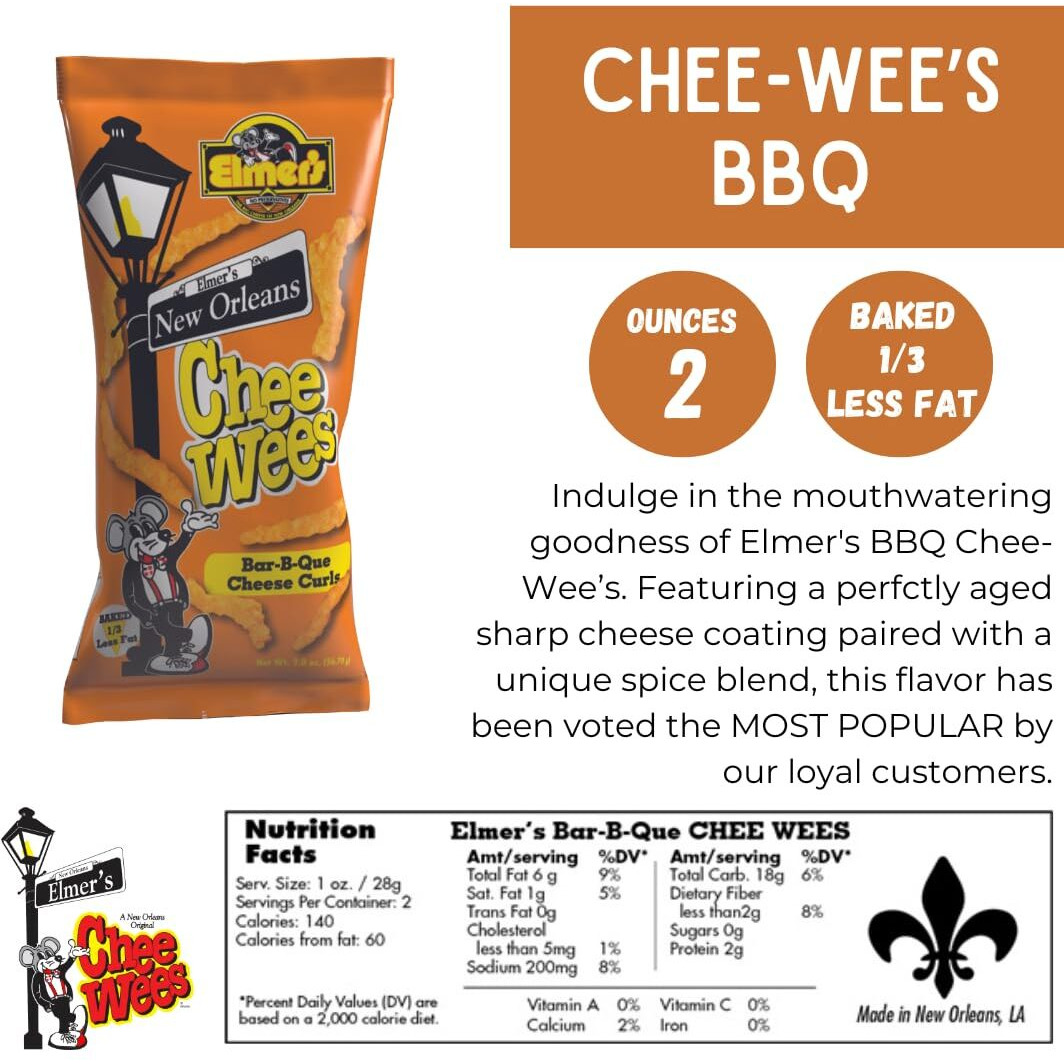 Elmer's New Orleans Chee-Wee's, Authentic Nola Bbq Flavor, Irresistible Crunchy Snack Delight 2 Oz Bags, Pack Of 3