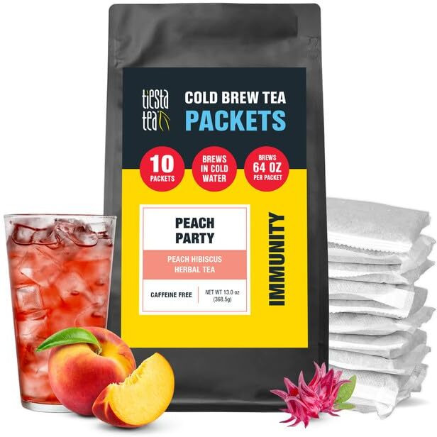 Tiesta Tea - Peach Party Cold Brew - Peach Hibiscus Herbal Tea - Premium Loose Leaf Tea Blend - Non Caffeinated Iced Tea - Cold Brew Tea Packets - Brews 64 Oz Of Pitcher Per Bag (Pack Of 10)