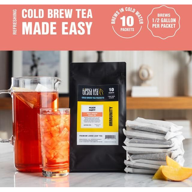 Tiesta Tea - Peach Party Cold Brew - Peach Hibiscus Herbal Tea - Premium Loose Leaf Tea Blend - Non Caffeinated Iced Tea - Cold Brew Tea Packets - Brews 64 Oz Of Pitcher Per Bag (Pack Of 10)