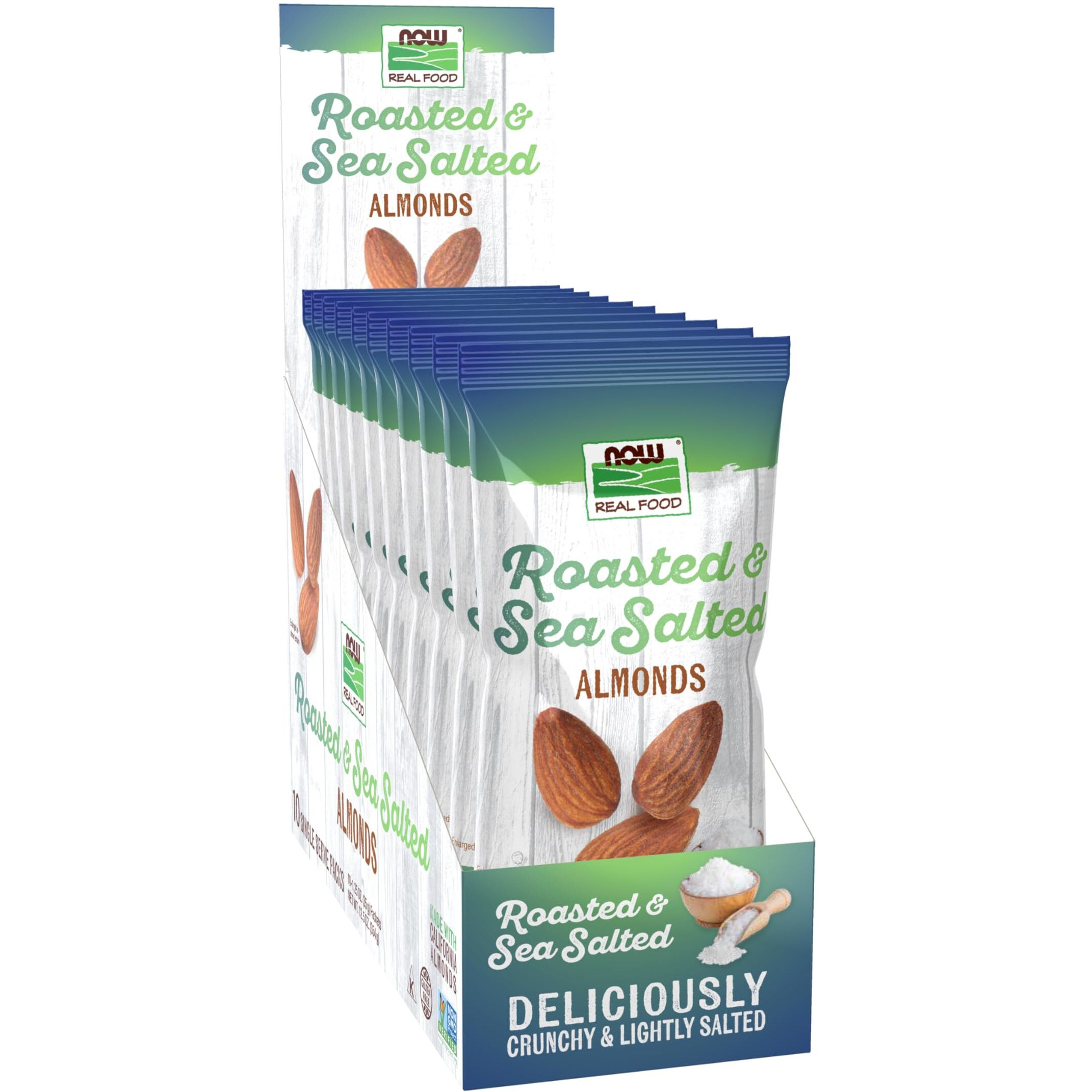 Now Foods, Almonds, Roasted With Sea Salt, Source Of Protein, Fiber And Healthy Fatty Acids, Grown In The Usa, Certified Non-Gmo, 10 Single Packets