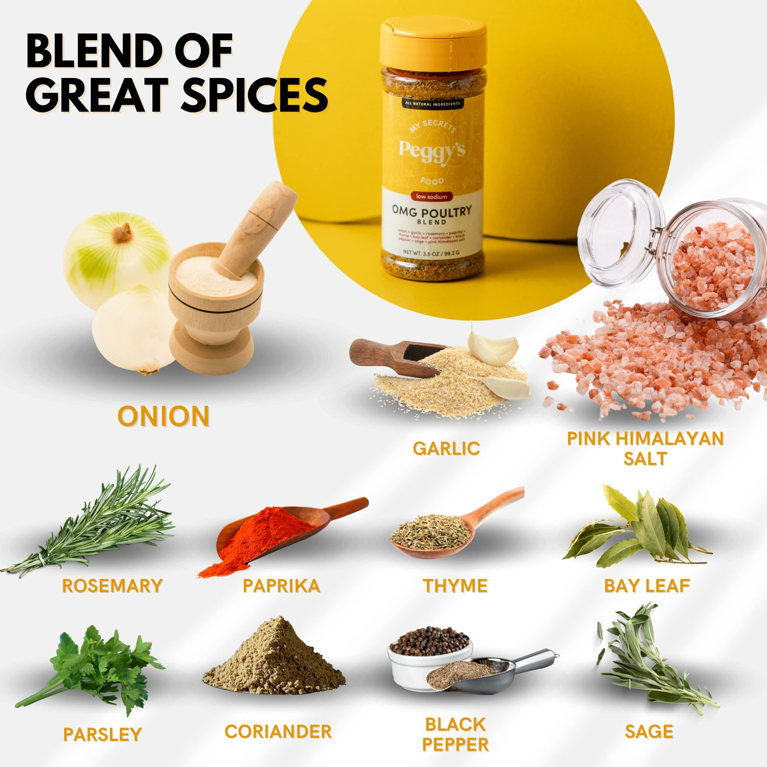 My Secrets Peggy's Food Omg Poultry Seasoning Mix - Perfect Blend Of Herbs And Spices - With Pink Himalayan Salt - 3.5 Oz/99.2 G - Versatile - Low Sodium - No Clumping