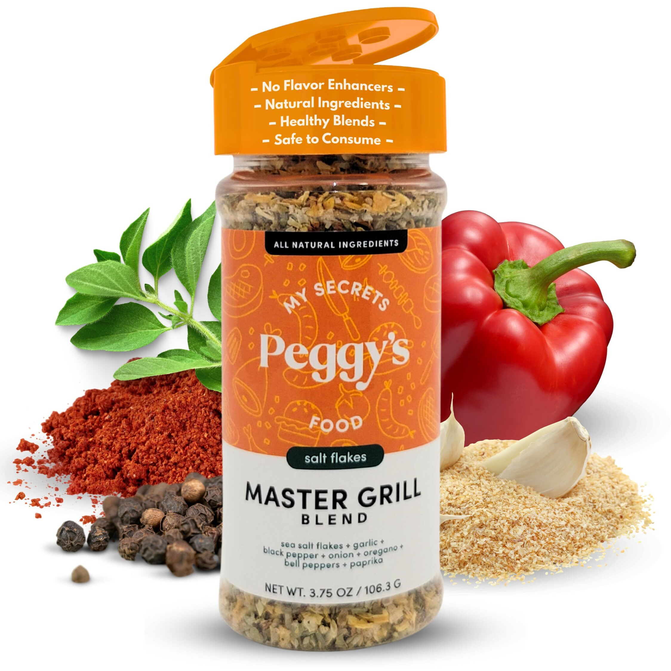 My Secrets Peggys Food Master Grill Blend Seasoning - Herb Seasoning Blend Spice Rub - Spice Mix With Sea Salt Flakes For Grilling - Natural & Healthy Spice Rub For All Meats - 3.5Oz