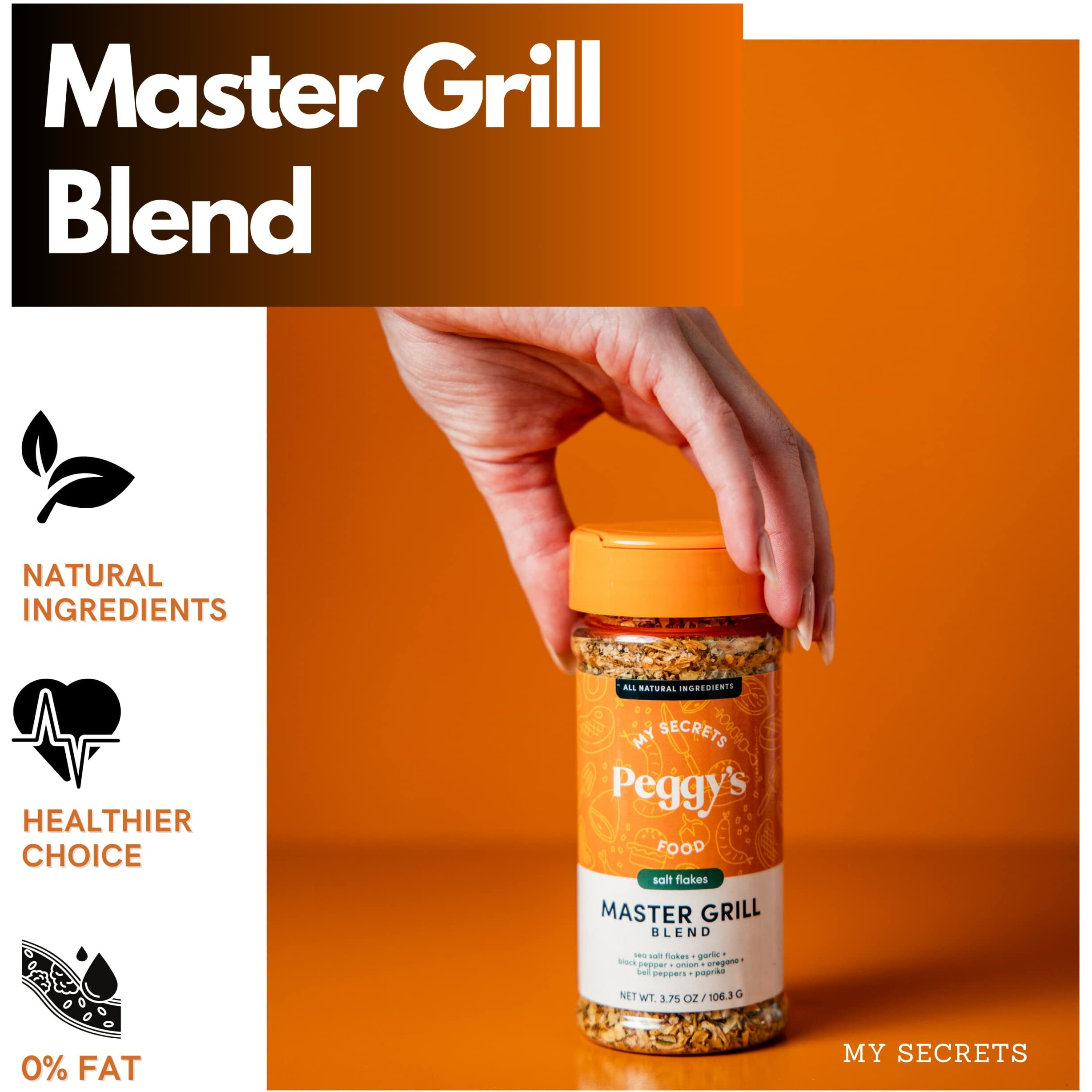 My Secrets Peggys Food Master Grill Blend Seasoning - Herb Seasoning Blend Spice Rub - Spice Mix With Sea Salt Flakes For Grilling - Natural & Healthy Spice Rub For All Meats - 3.5Oz