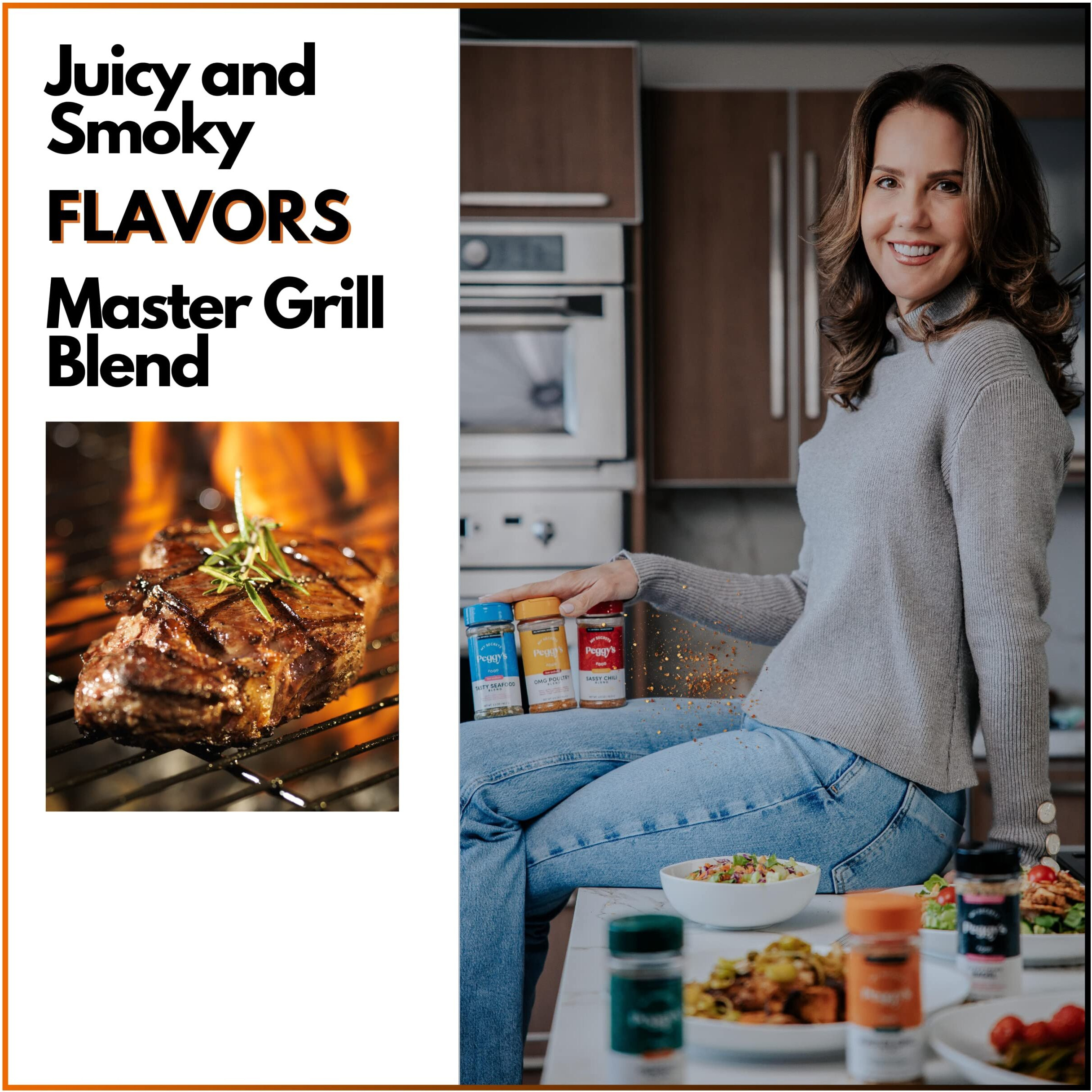 My Secrets Peggys Food Master Grill Blend Seasoning - Herb Seasoning Blend Spice Rub - Spice Mix With Sea Salt Flakes For Grilling - Natural & Healthy Spice Rub For All Meats - 3.5Oz