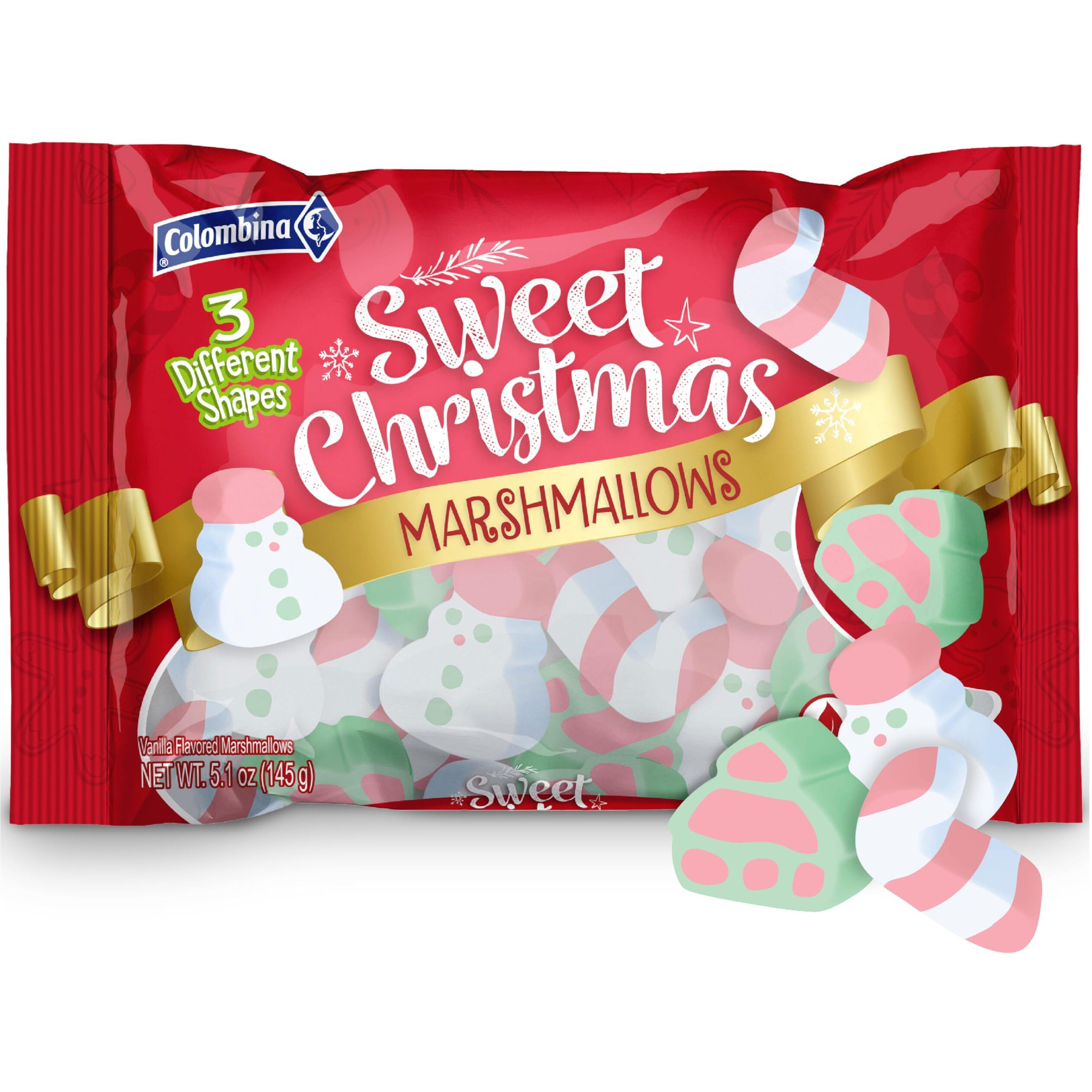 Colombina Sweet Christmas Marshmallows, Soft, Assorted Vanilla Bean Marshmallows, Christmas Trees, Candy Canes, And Santas, 5.1Oz (Pack Of 1)