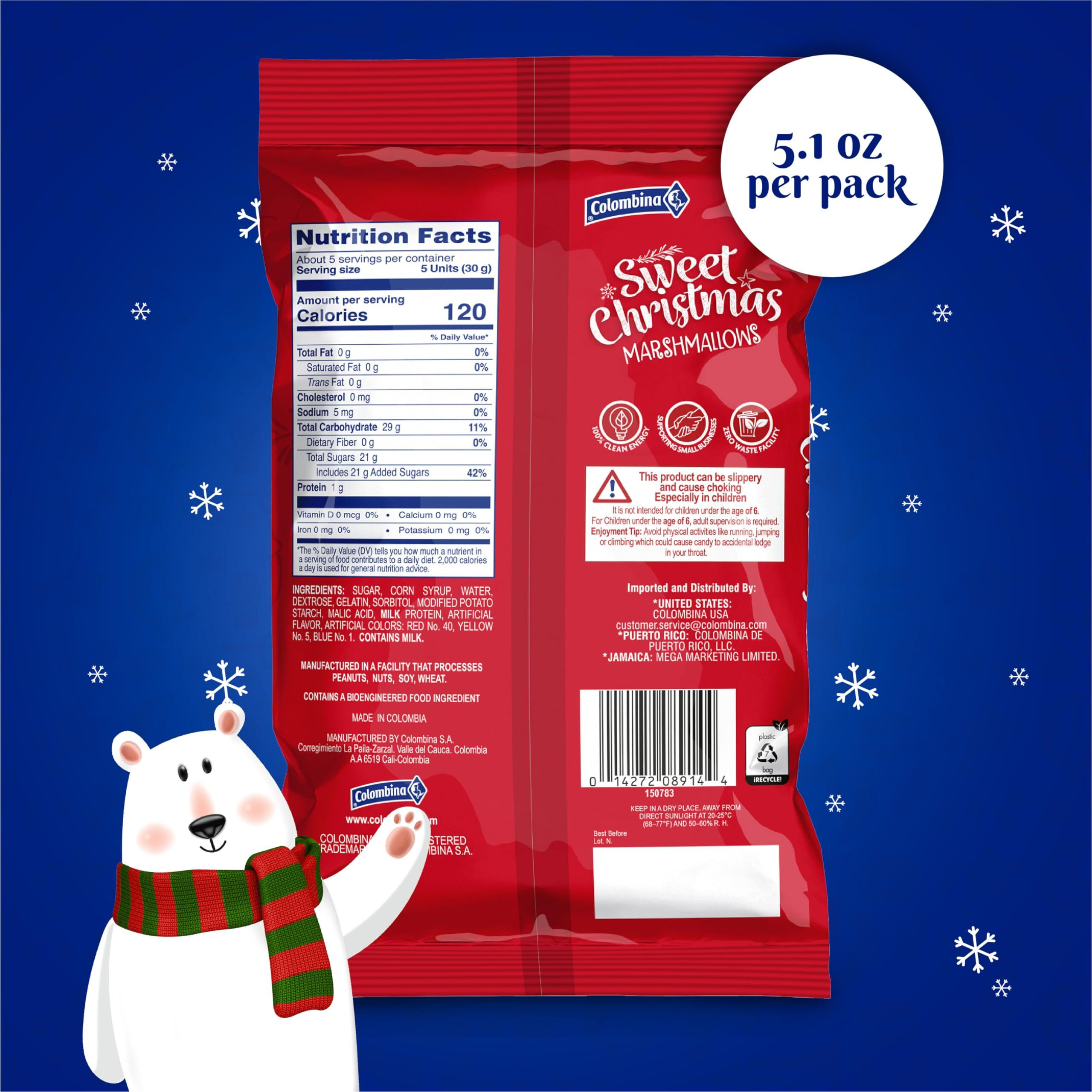 Colombina Sweet Christmas Marshmallows, Soft, Assorted Vanilla Bean Marshmallows, Christmas Trees, Candy Canes, And Santas, 5.1Oz (Pack Of 1)