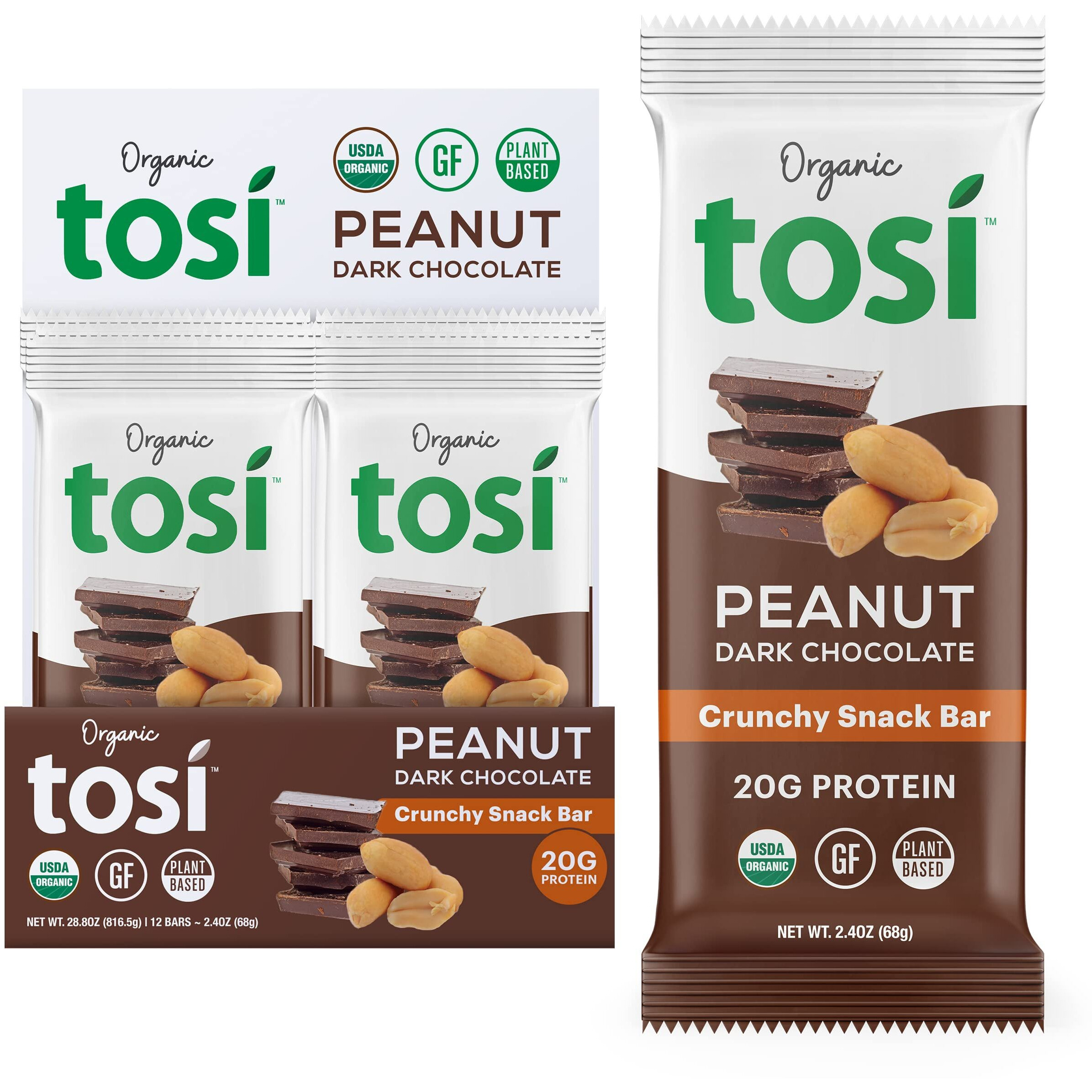 Tosi Dark Chocolate Peanut Protein Bars, Plant Based With Nuts, Gluten-Free Crunchy Snacks, Vegan, Organic, Flax & Chia Seeds, Soy-Free, Omega 3S, 20G Protein, 2.4 Oz, 12-Pack