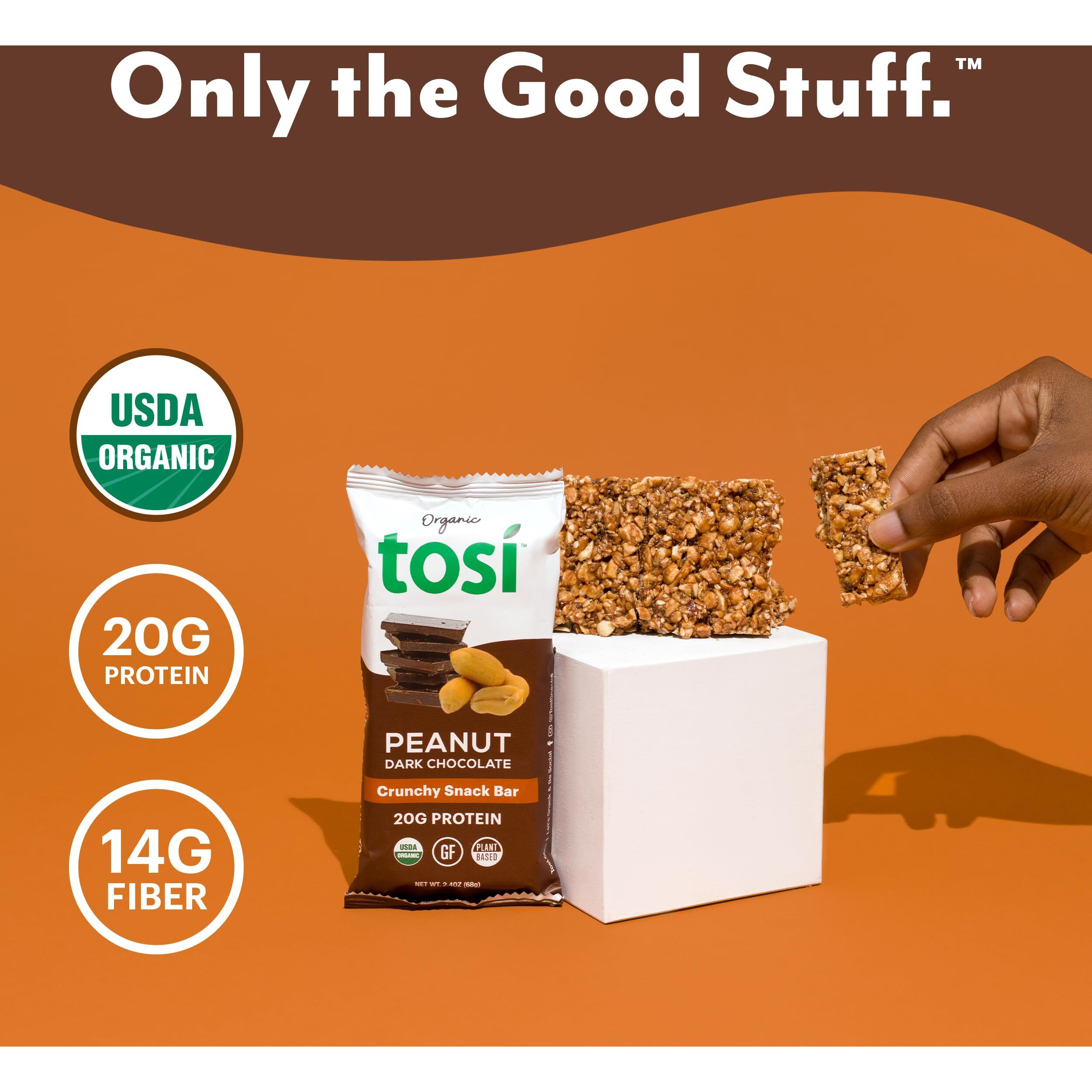 Tosi Dark Chocolate Peanut Protein Bars, Plant Based With Nuts, Gluten-Free Crunchy Snacks, Vegan, Organic, Flax & Chia Seeds, Soy-Free, Omega 3S, 20G Protein, 2.4 Oz, 12-Pack