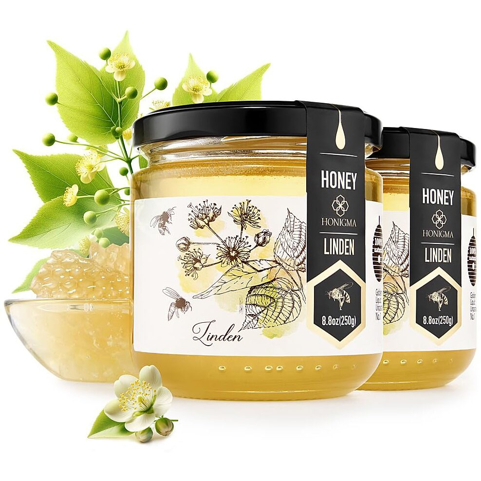 Honigma Raw Linden Honey | Exquisite Taste | 100% Pure | Unpasteurized | Unfiltered | Partially Crystallized | 250G/8.8Oz