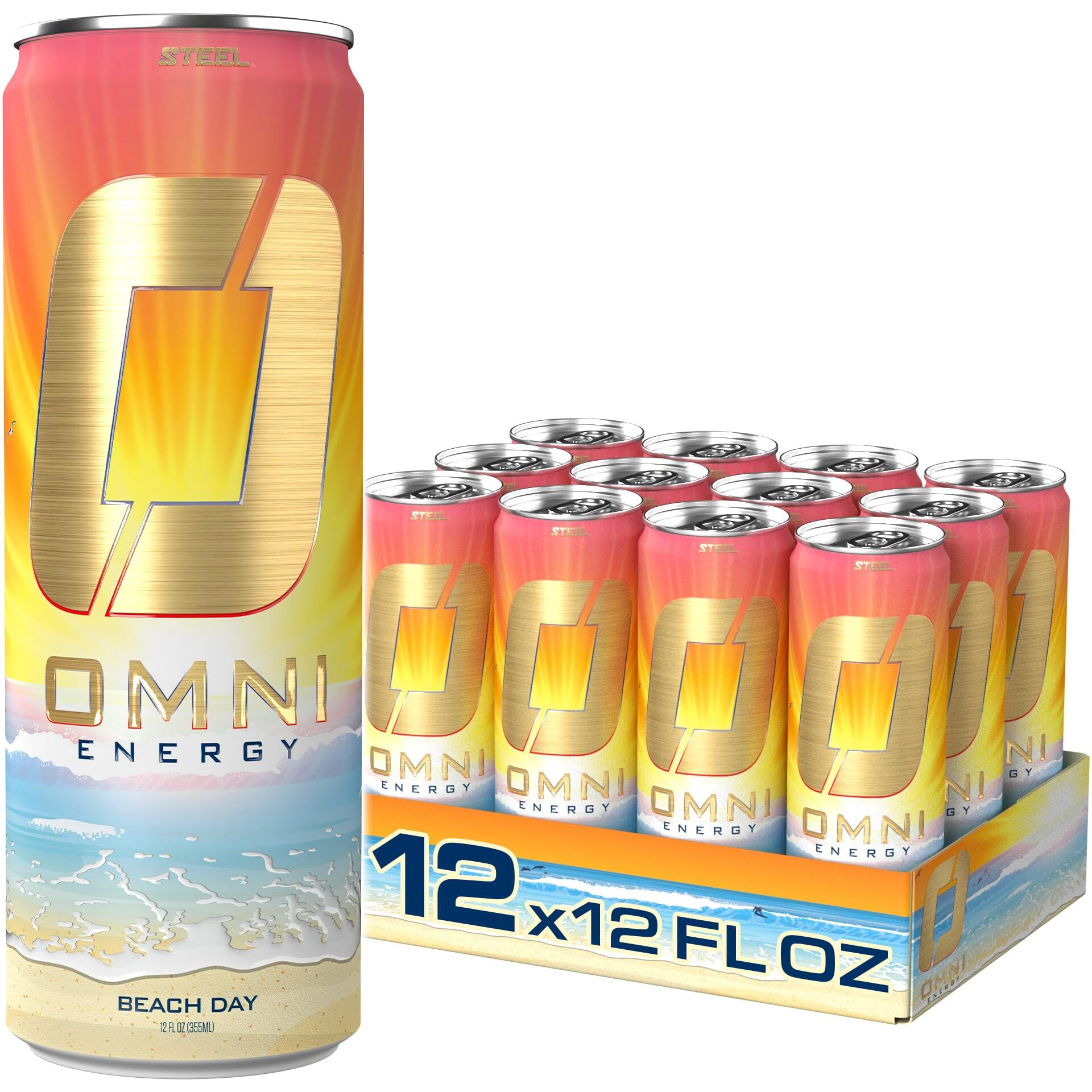 Omni Energy Drink Beach Day 12 Oz (Pack Of 12) | Contains 200Mg Natural Caffeine, B Vitamins, Coq10, Ginger Root Extract | Sugar-Free, Low Calorie, Energy Drink For All-Day Vitality