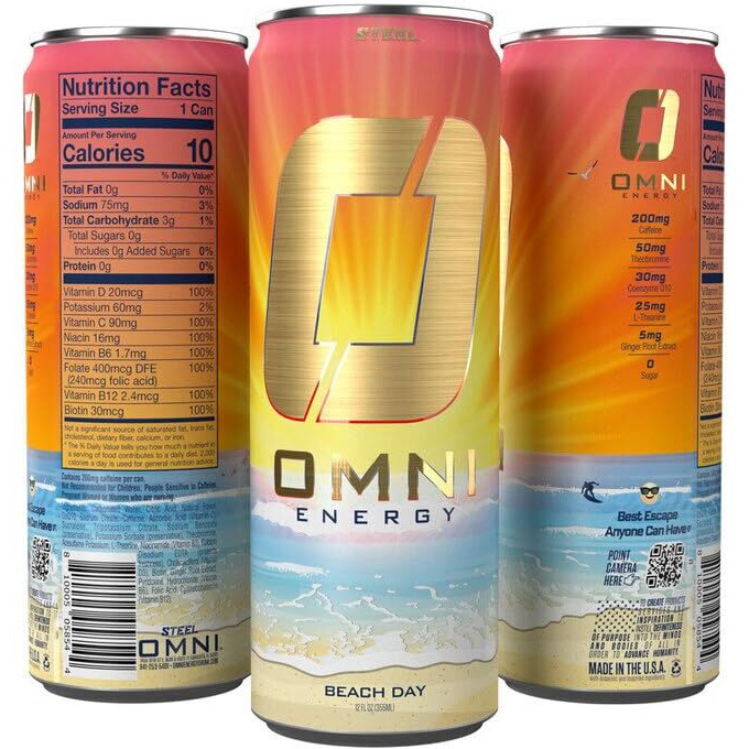 Omni Energy Drink Beach Day 12 Oz (Pack Of 12) | Contains 200Mg Natural Caffeine, B Vitamins, Coq10, Ginger Root Extract | Sugar-Free, Low Calorie, Energy Drink For All-Day Vitality