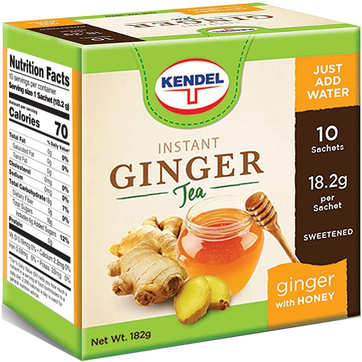 Kendel Instant Ginger Honey Tea, Caffeine Free (10 Sachets). Soothing Flavor, Non-Gmo