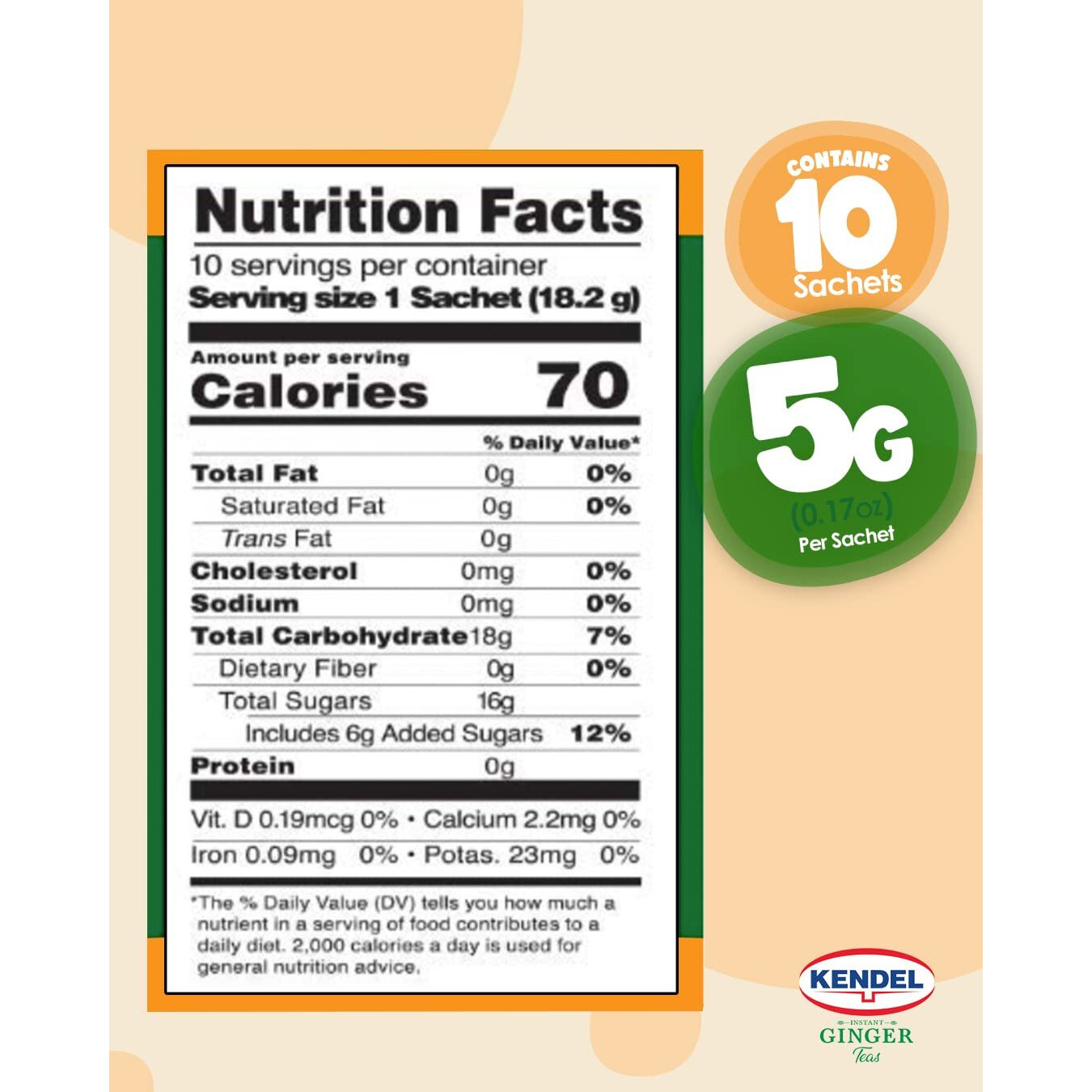 Kendel Instant Ginger Honey Tea, Caffeine Free (10 Sachets). Soothing Flavor, Non-Gmo