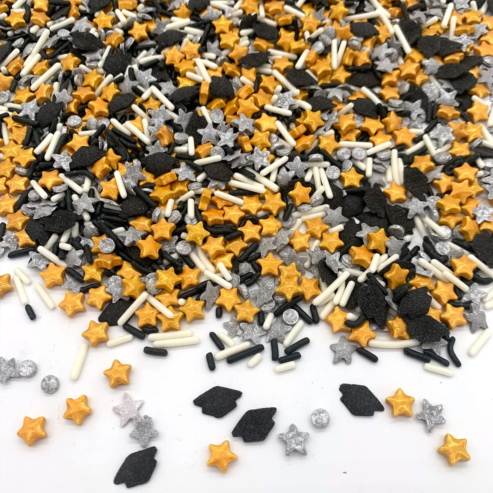 Gold Silver Black Candy Sprinkles Cupcake Cake Toppers Mixed Shape,Graduation Season Candy Sprinkles Shaker Jar Wedding Shower Party Cake Decoration Supplies 3.4Oz