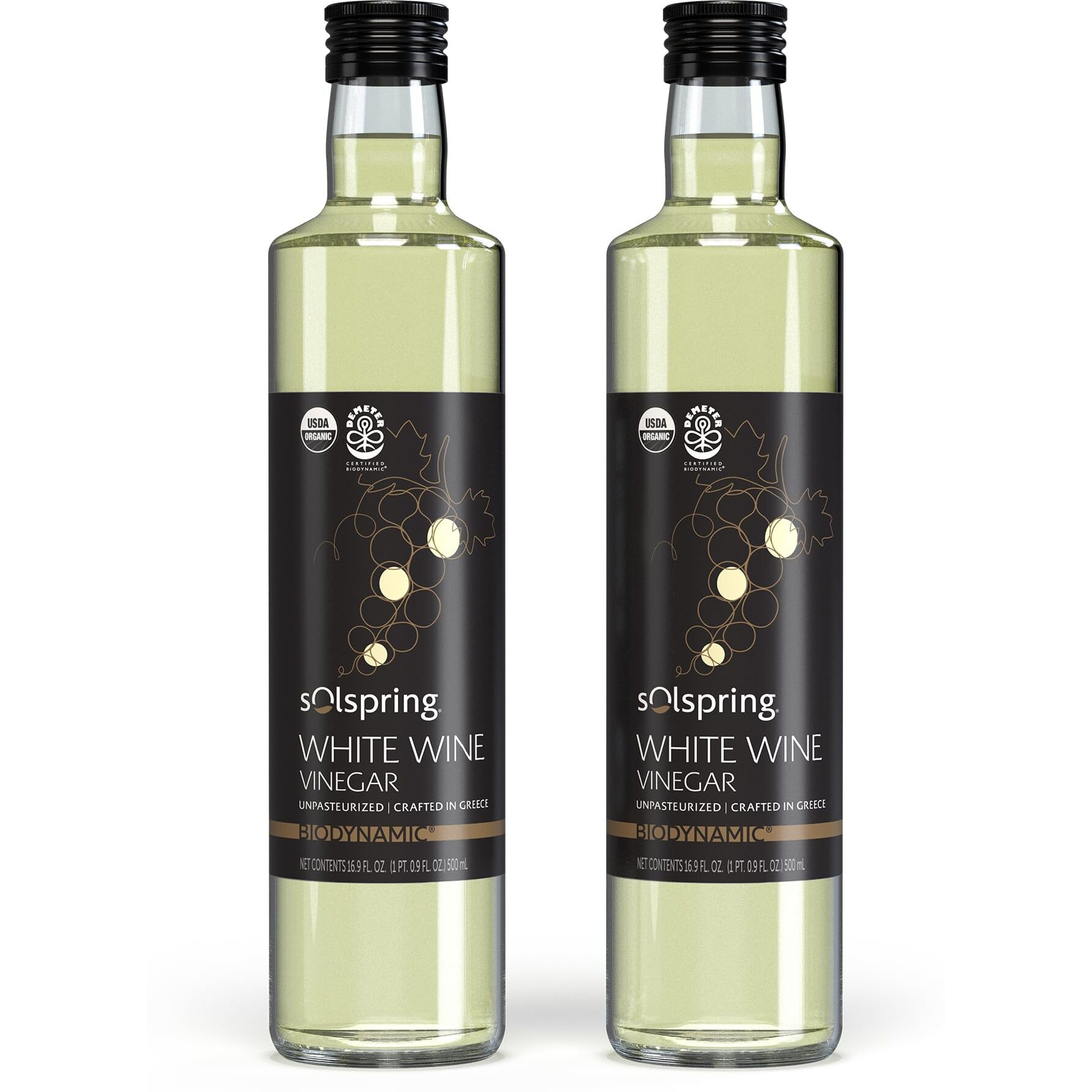 Solspring Biodynamic White Wine Vinegar, 16.9 Fl. Oz. (500 Ml), Unpasteurized, Crafted In Greece, Certified Usda Organic, Regenerative, Vegan, Gluten Free, Soy Free, Dr. Mercola