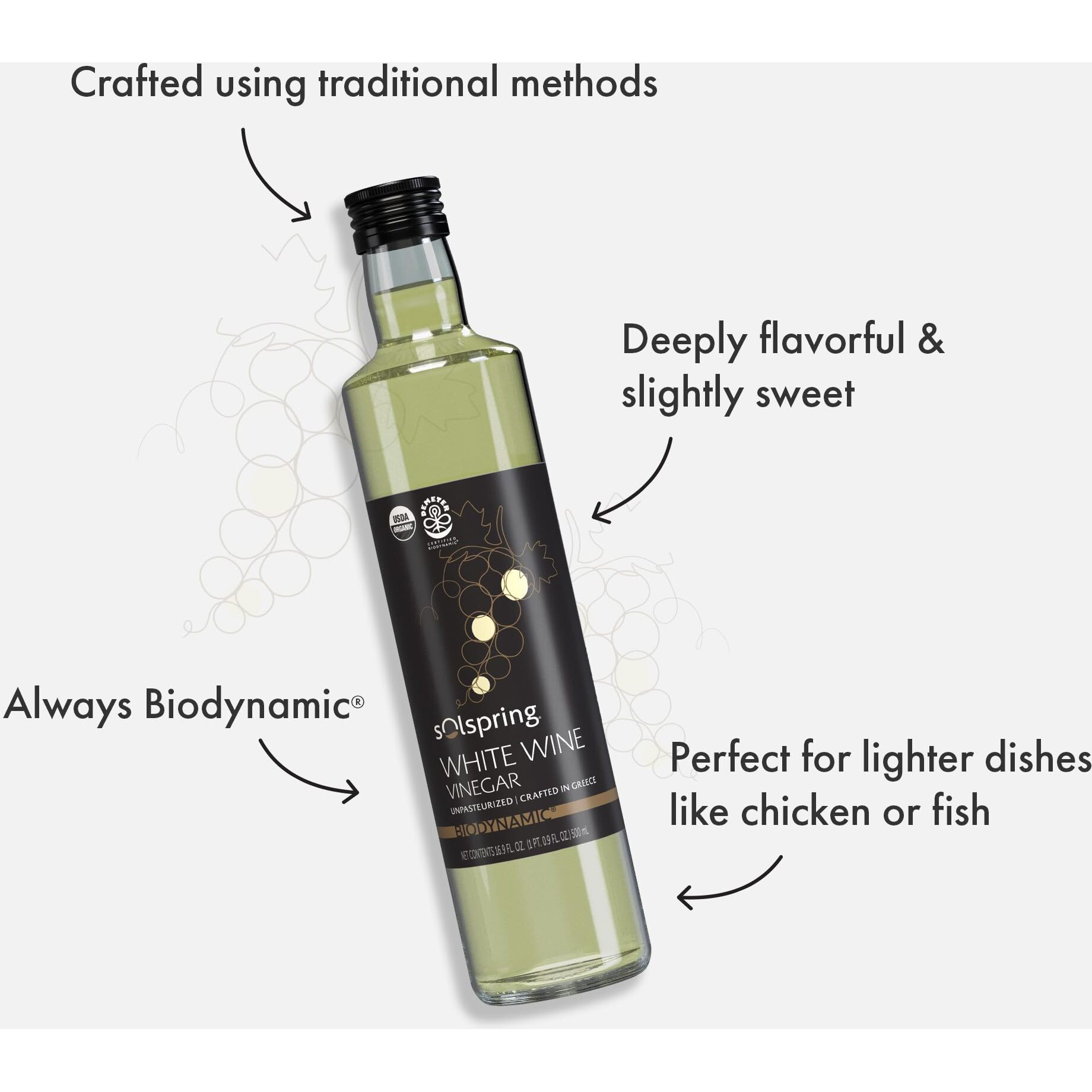 Solspring Biodynamic White Wine Vinegar, 16.9 Fl. Oz. (500 Ml), Unpasteurized, Crafted In Greece, Certified Usda Organic, Regenerative, Vegan, Gluten Free, Soy Free, Dr. Mercola