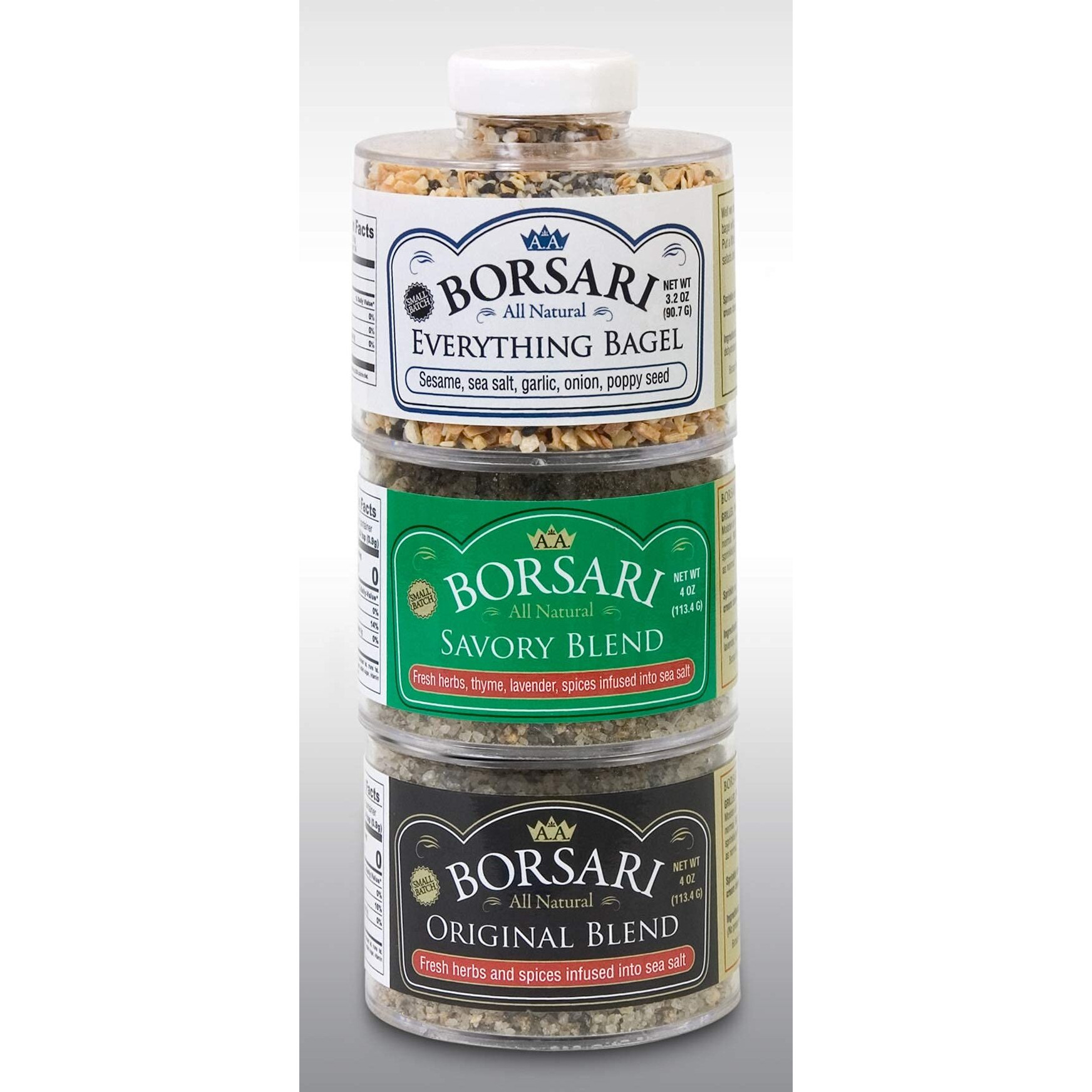 Borsari Seasoned Salt Gift Set - Gluten Free All Purpose Savory, Everything Bagel, And Original Seasonings - Gourmet Sea Salt Blends With Herbs And Spices - Set Of 3, 3.2-4 Oz Shaker Bottles