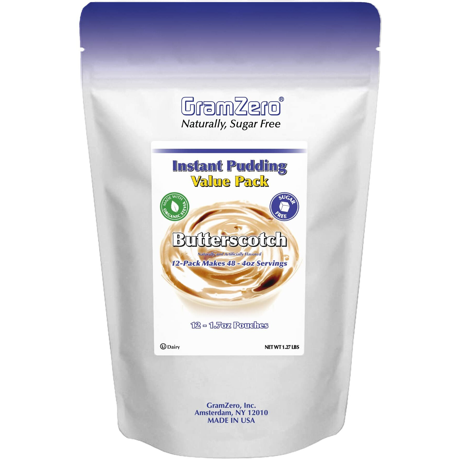 Gramzero Butterscotch Sugar Free Pudding Mix 12-Pack, Great For Nutrition Club Meal Replacement Shakes, Low Calorie Dessert, Stevia Sweetened