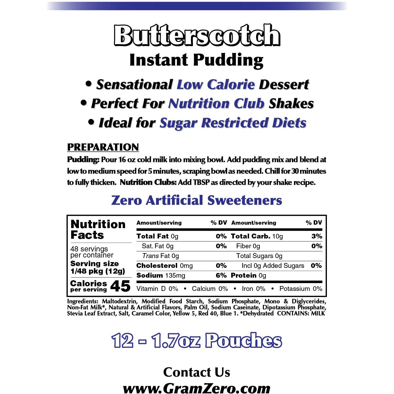 Gramzero Butterscotch Sugar Free Pudding Mix 12-Pack, Great For Nutrition Club Meal Replacement Shakes, Low Calorie Dessert, Stevia Sweetened
