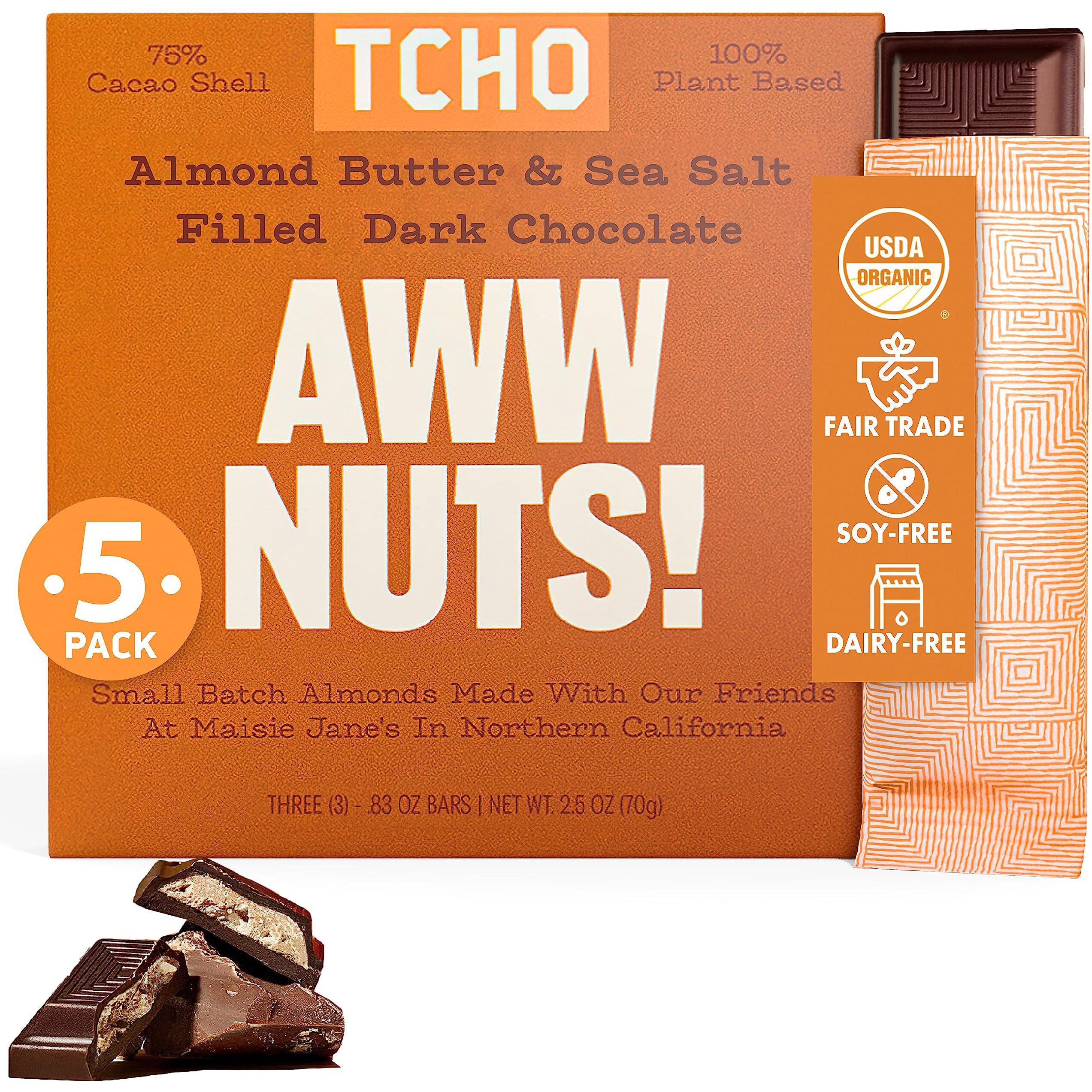 Tcho Aww Nuts Dark Chocolate Bars (5 Pack) | Single Origin, Plant Based, Organic & Fair Trade, | Non Gmo, Non-Dairy, Vegan, Soy Free (2.5Oz Each)