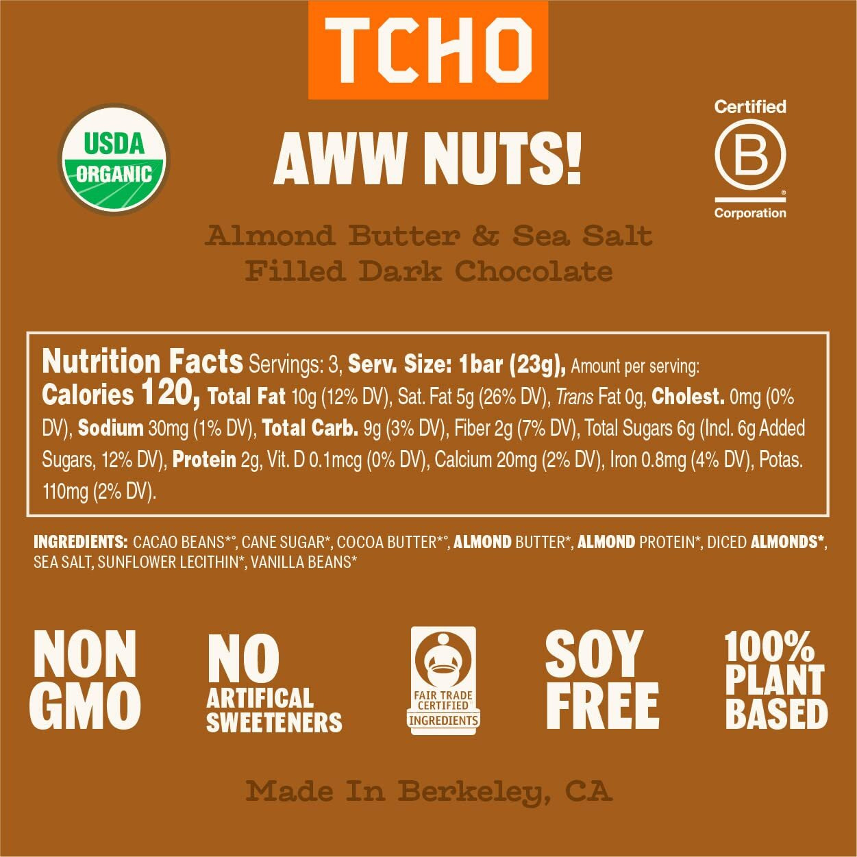 Tcho Aww Nuts Dark Chocolate Bars (5 Pack) | Single Origin, Plant Based, Organic & Fair Trade, | Non Gmo, Non-Dairy, Vegan, Soy Free (2.5Oz Each)