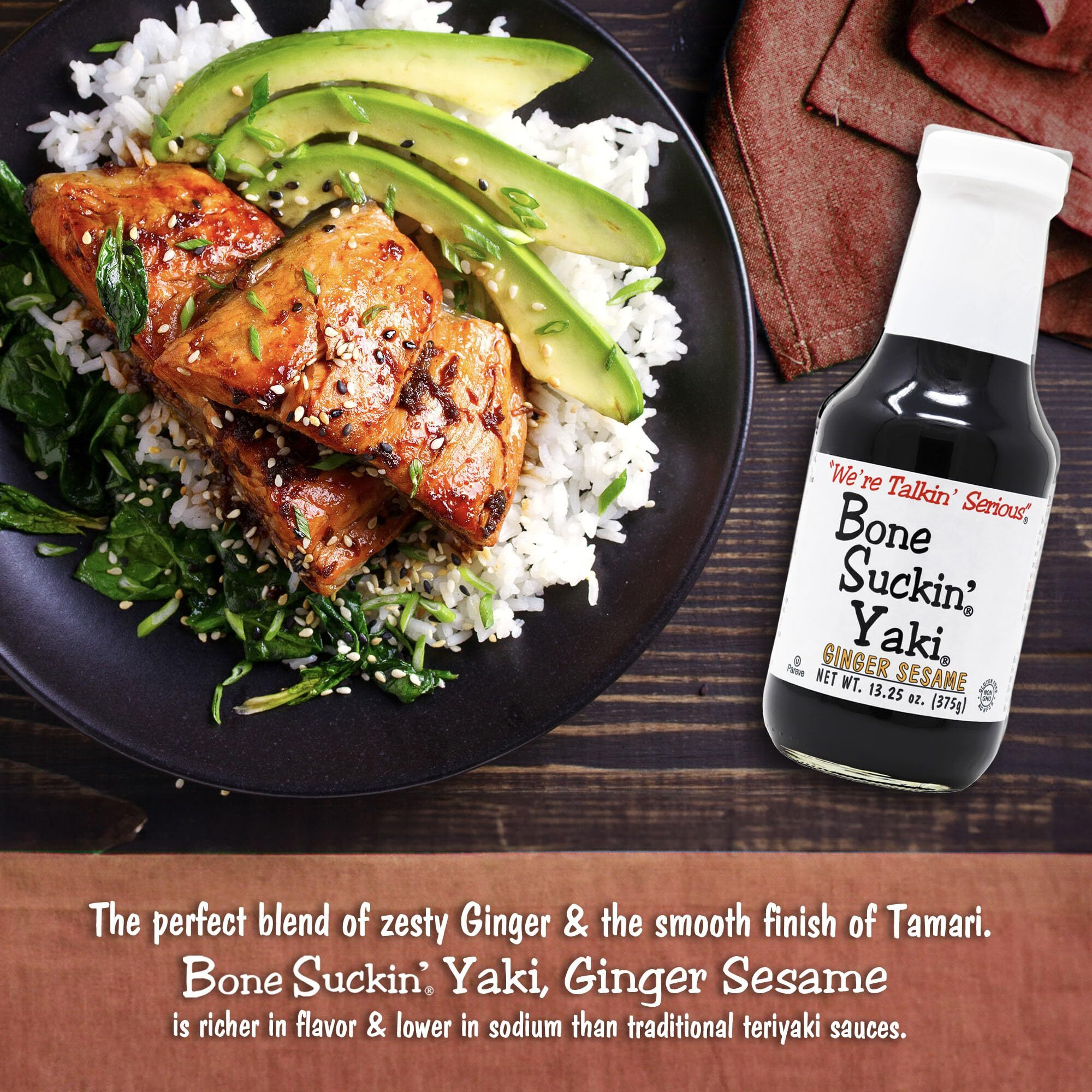 Bone Suckin' Yaki, Ginger Sesame, 13.25 Oz. The Perfect Blend Of Zesty Ginger, The Nutty Taste Of Sesame & The Smooth Finish Of Tamari, Adds An Unforgettable Flavor To Any Dish - 1 Pc
