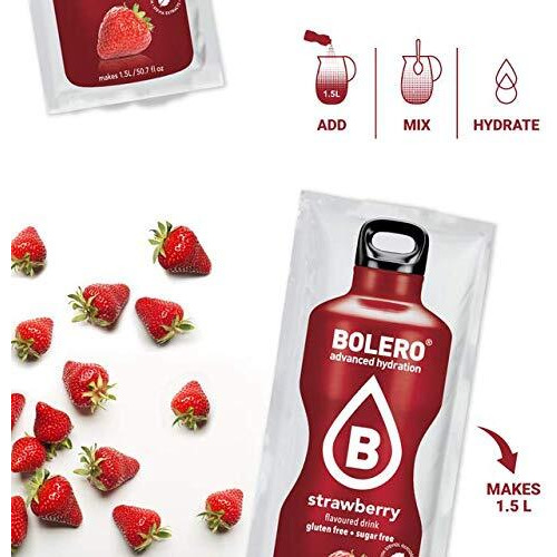 Bolero - Strawberry Flavored, Sugar Free And Low Calorie Powdered Drink Mix, Makes 1/2 Gallon For Strong Flavor Or 1 Gallon For Mild Flavor, 12 Large Sachets - Europe's Favorite Drink Mix