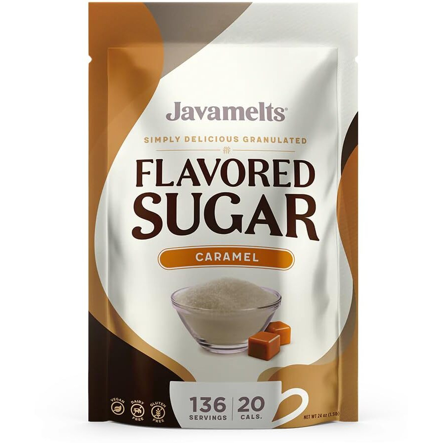 Javamelts Caramel Flavored Sugar | Pure Cane Sugar For Baking, Coffee Syrup Substitute, Cocktails, Tea | Non Gmo, Non Dairy, Gluten Free, Kosher | 1.5 Pound Bag (136 Servings)