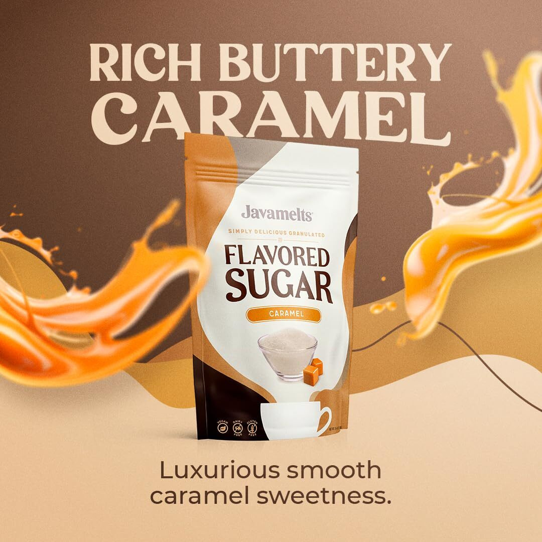 Javamelts Caramel Flavored Sugar | Pure Cane Sugar For Baking, Coffee Syrup Substitute, Cocktails, Tea | Non Gmo, Non Dairy, Gluten Free, Kosher | 1.5 Pound Bag (136 Servings)