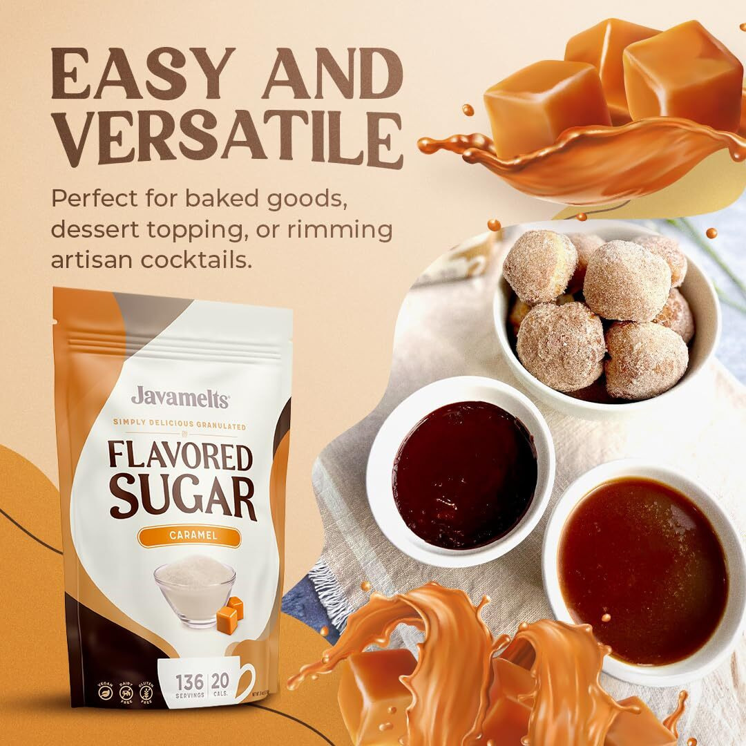Javamelts Caramel Flavored Sugar | Pure Cane Sugar For Baking, Coffee Syrup Substitute, Cocktails, Tea | Non Gmo, Non Dairy, Gluten Free, Kosher | 1.5 Pound Bag (136 Servings)