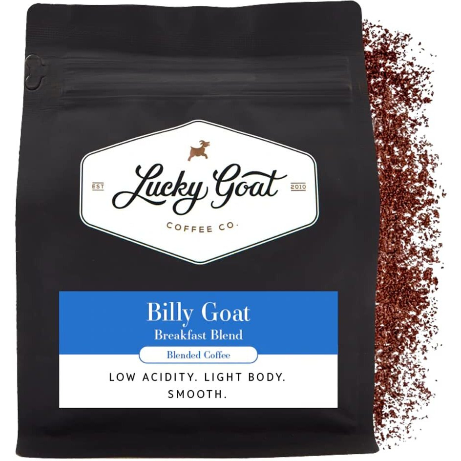Lucky Goat Breakfast Blend Ground Coffee - Billy Goat - Light Body, Low Acidity, Morning Cup, Smooth And Mild - Medium Roast, 12 Ounce Bag, Arabica