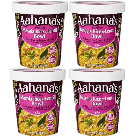 Aahana's Bombay Masala Rice & Lentil Bowl- Kitchari Vegan Meals, Gluten Free, Kosher, Plant-Based, Meals Ready To Eat Indian Food & Vegetarian Food | Just Add Water Meals, No Refrigeration (4 Pack)