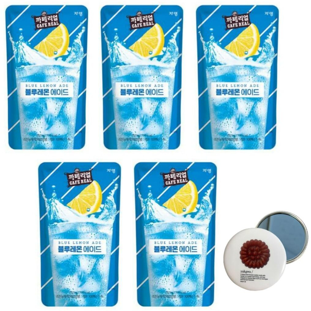 Korean Covenienve Store Drink Pouch Sampler Set - 5 Pack 10 Pack (Grape, Strawberry, Blue Lemonade, Peach Ice Tea, Shine Muscat) + Dalgaru Yakgwa Mirror (Blue Lemonade 5 Pack)