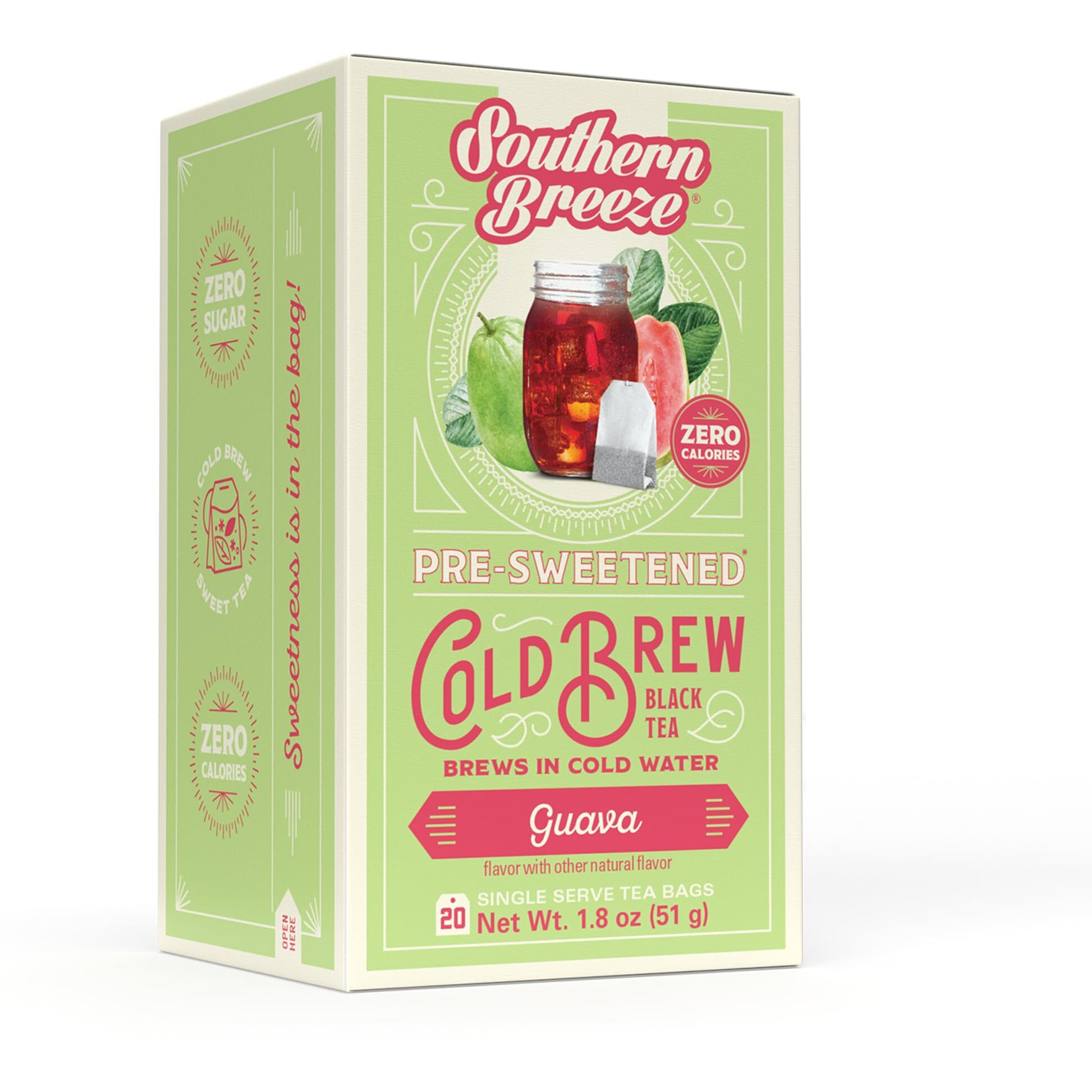 Southern Breeze Guava Cold Brew Sweet Tea Guava Iced Tea With Black Tea And Zero Carbs Zero Sugar, 20 Individually Wrapped Tea Bags