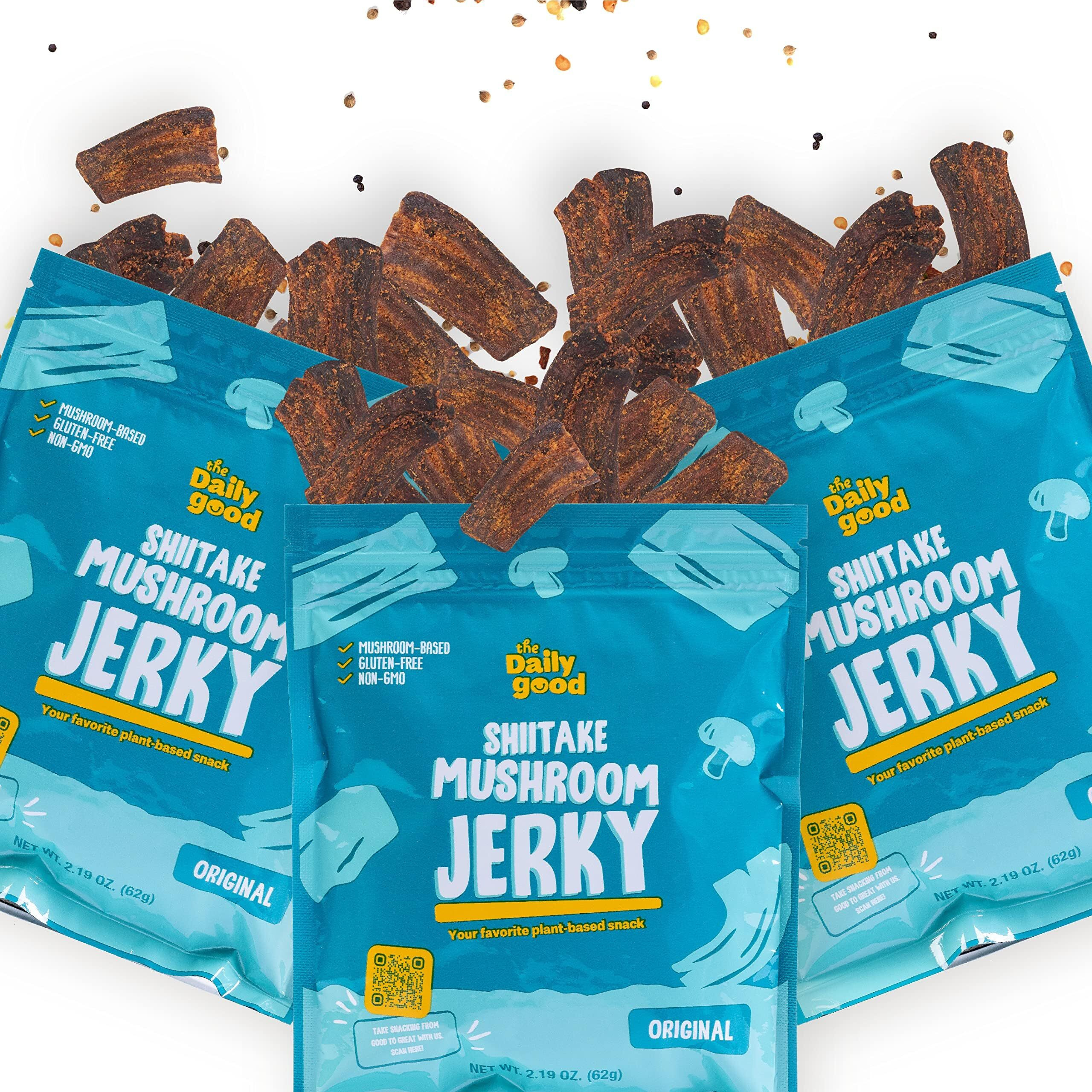 The Daily Good Mushroom Jerky - 3-Pack Snacks, Yummy High-Fiber Mushroom Snack, Meatless & Gluten-Free Food, Contains Eggs, Made From Shiitake Stalk, 0.58 Lbs., Vegetarian, Original Flavor