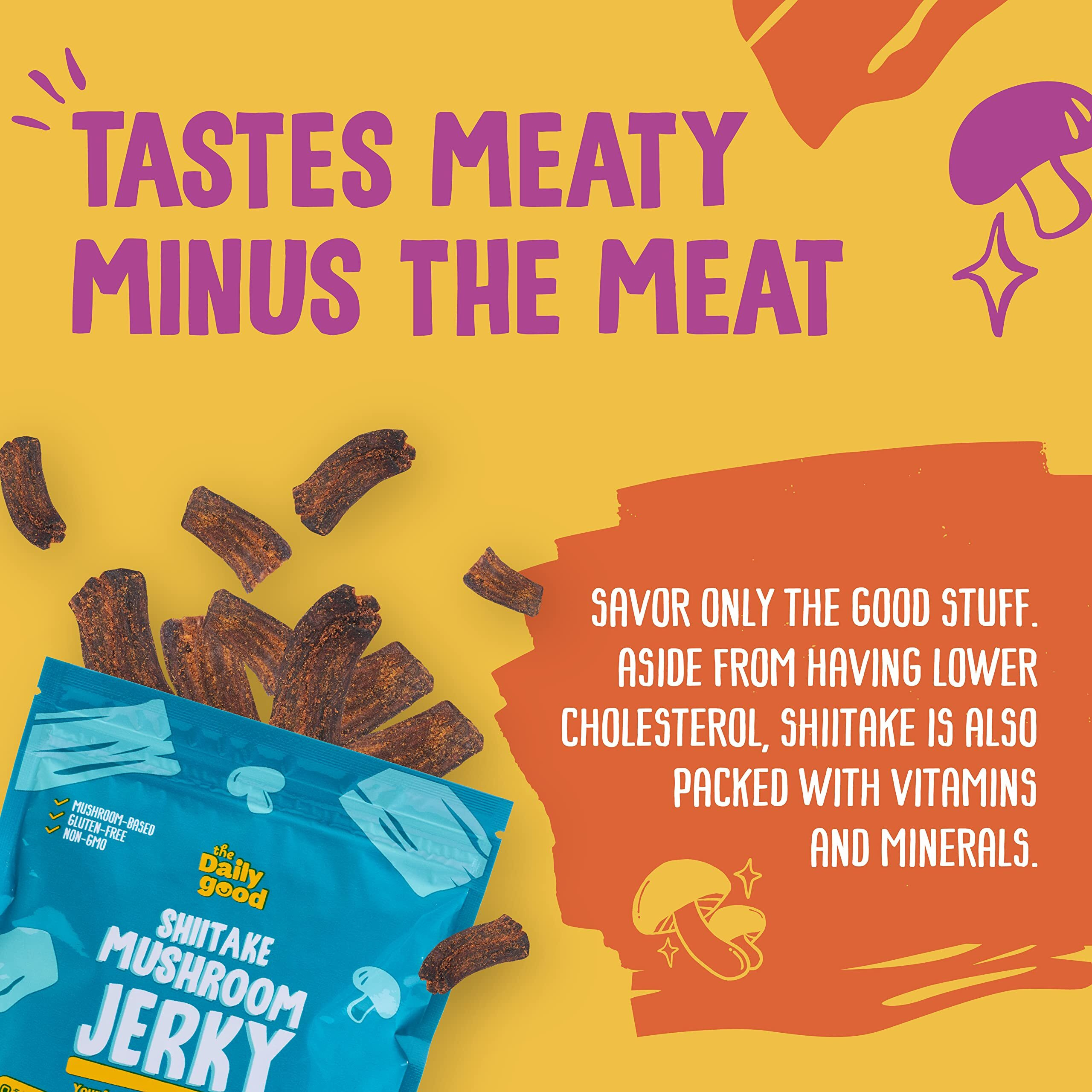 The Daily Good Mushroom Jerky - 3-Pack Snacks, Yummy High-Fiber Mushroom Snack, Meatless & Gluten-Free Food, Contains Eggs, Made From Shiitake Stalk, 0.58 Lbs., Vegetarian, Original Flavor