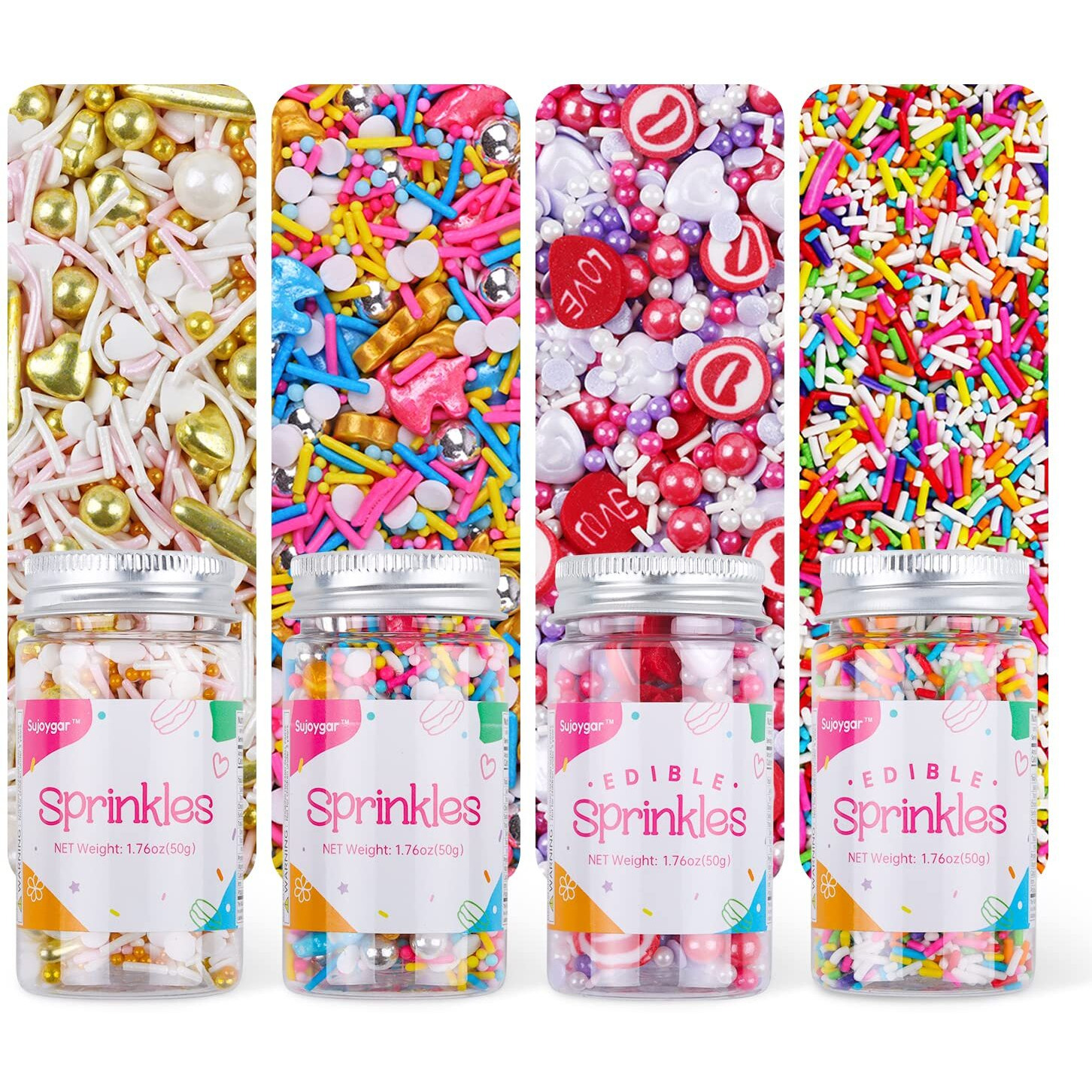 Sprinkles Set 4 Colors, Fancy Heart Sprinkles, Sujoygar, 50G/Bottle, Sprinkles For Cupcake Decorating, Food Grade, Valentines Sprinkles, Sprinkles For Cookie Decorating