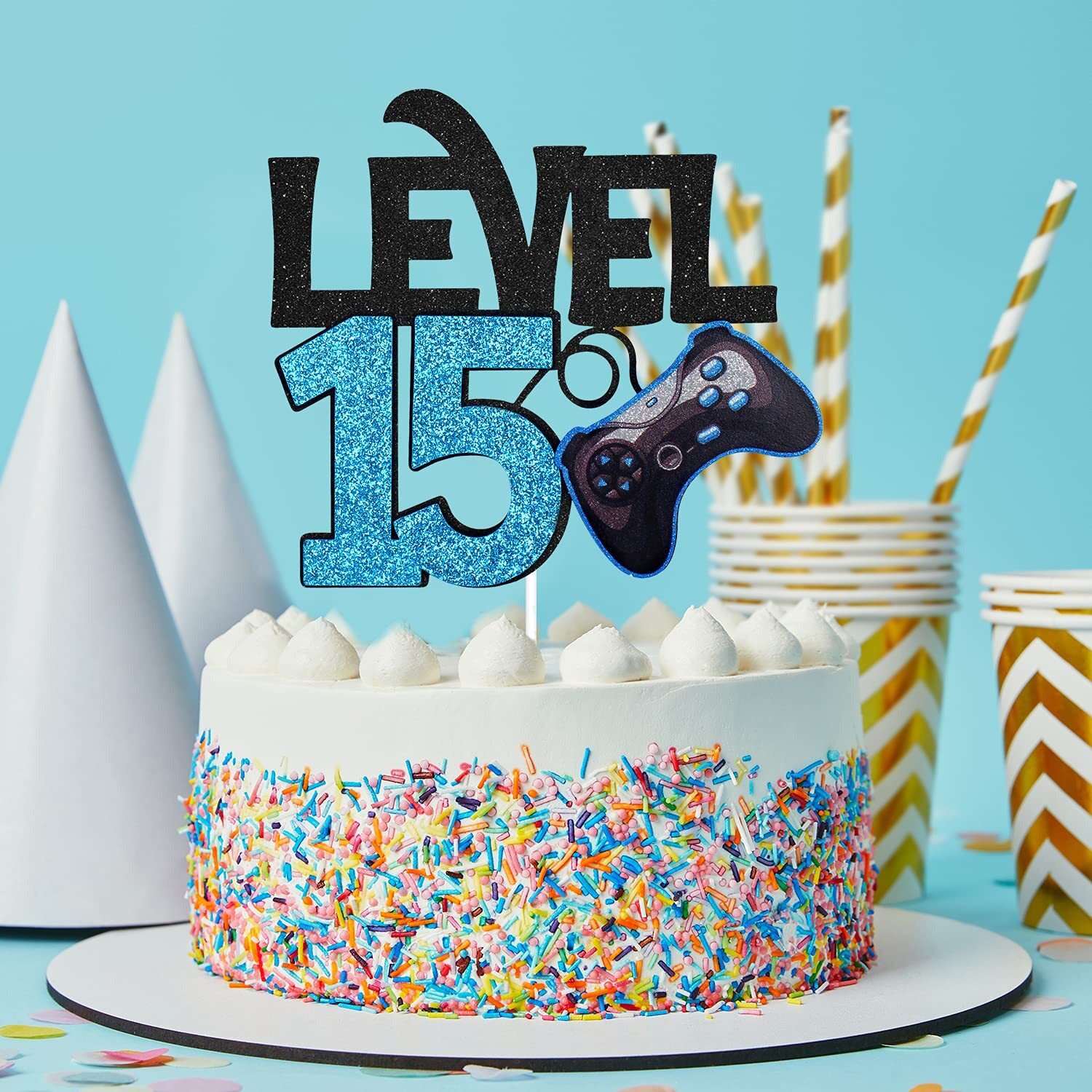 Level 15 Game Birthday Cake Topper - Video Game Boy's 15Th Birthday Level Up Party Blue Cake Supplies - Game On Winner Gaming Party Decoration