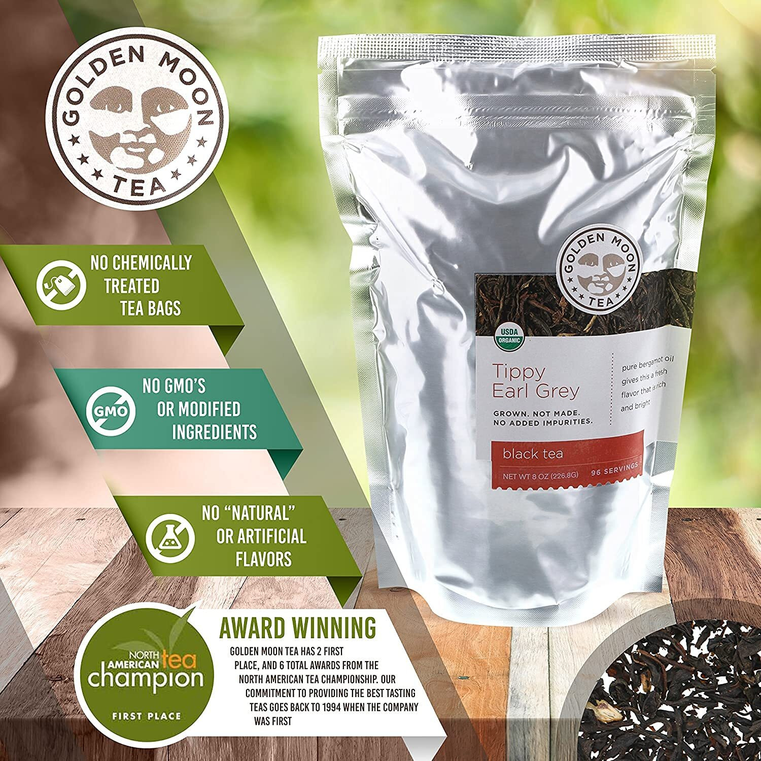 Golden Moon Tea Organic Tippy Earl Grey Black Tea - Real Bergamot Peels & Extract - Loose Leaf, Non-Gmo - Travel Tin (30 Servings)