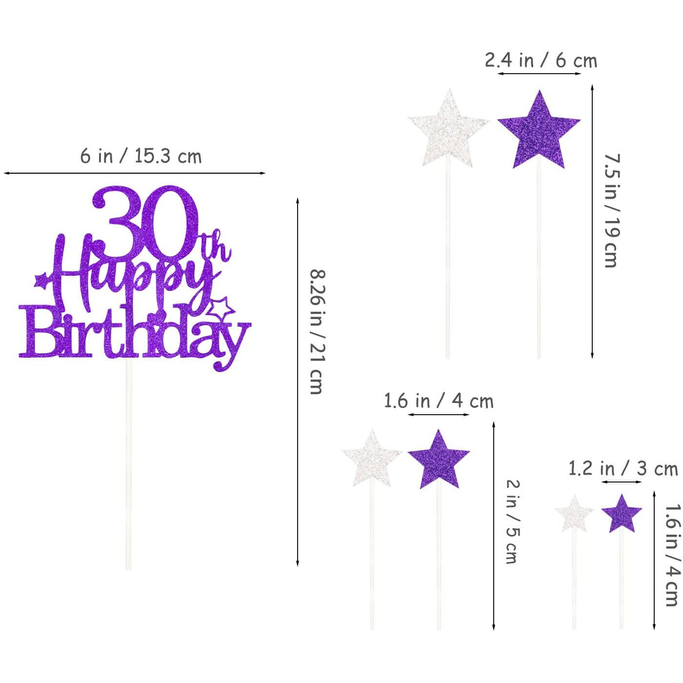 Glittery 30Th Happy Birthday Cake Topper With Star,Personalised 30 Birthday Cake Toppers Party Decorations Party Supplies For Men Women Purple Silver