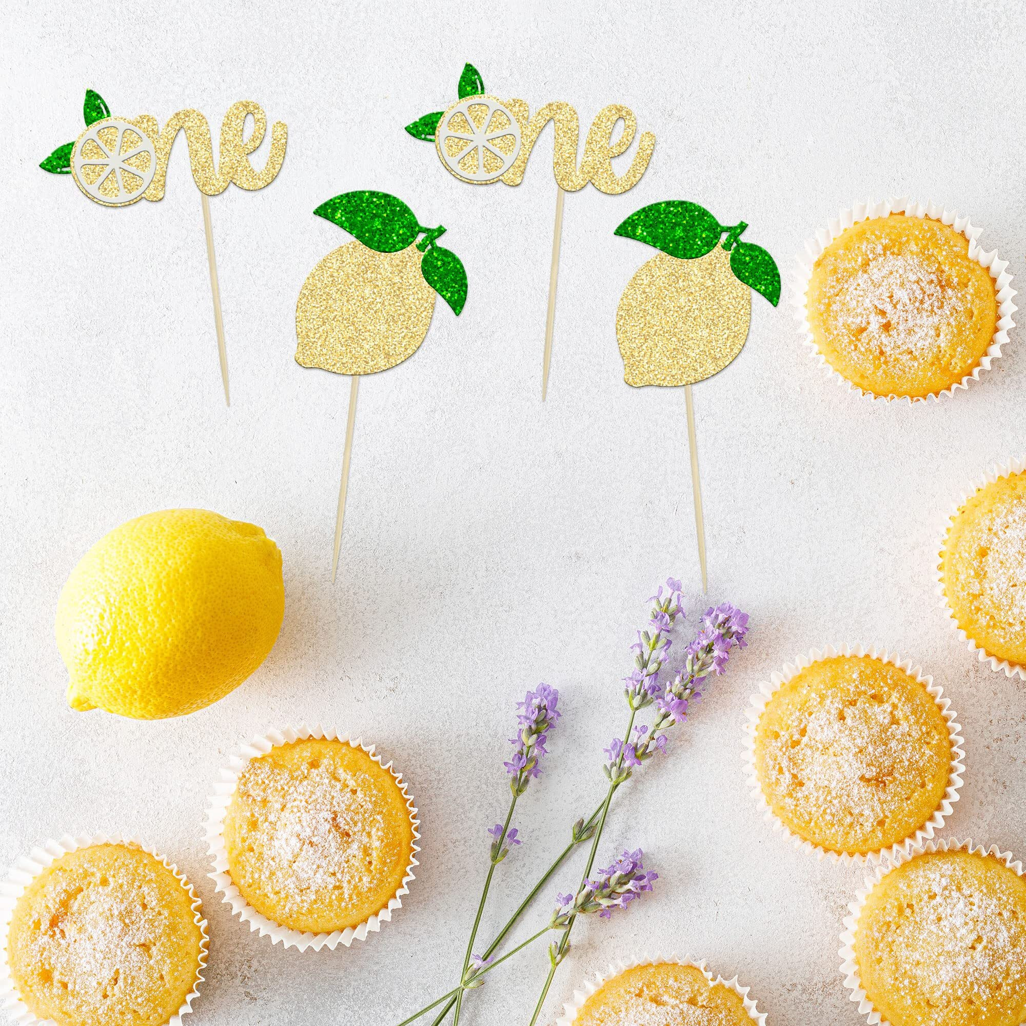 24Pcs Lemon One Cupcake Toppers Glitter Fruit Lemonade First Birthday Cupcake Picks For Lemon Theme Baby Shower 1St Birthday Party Cake Decorations Supplies