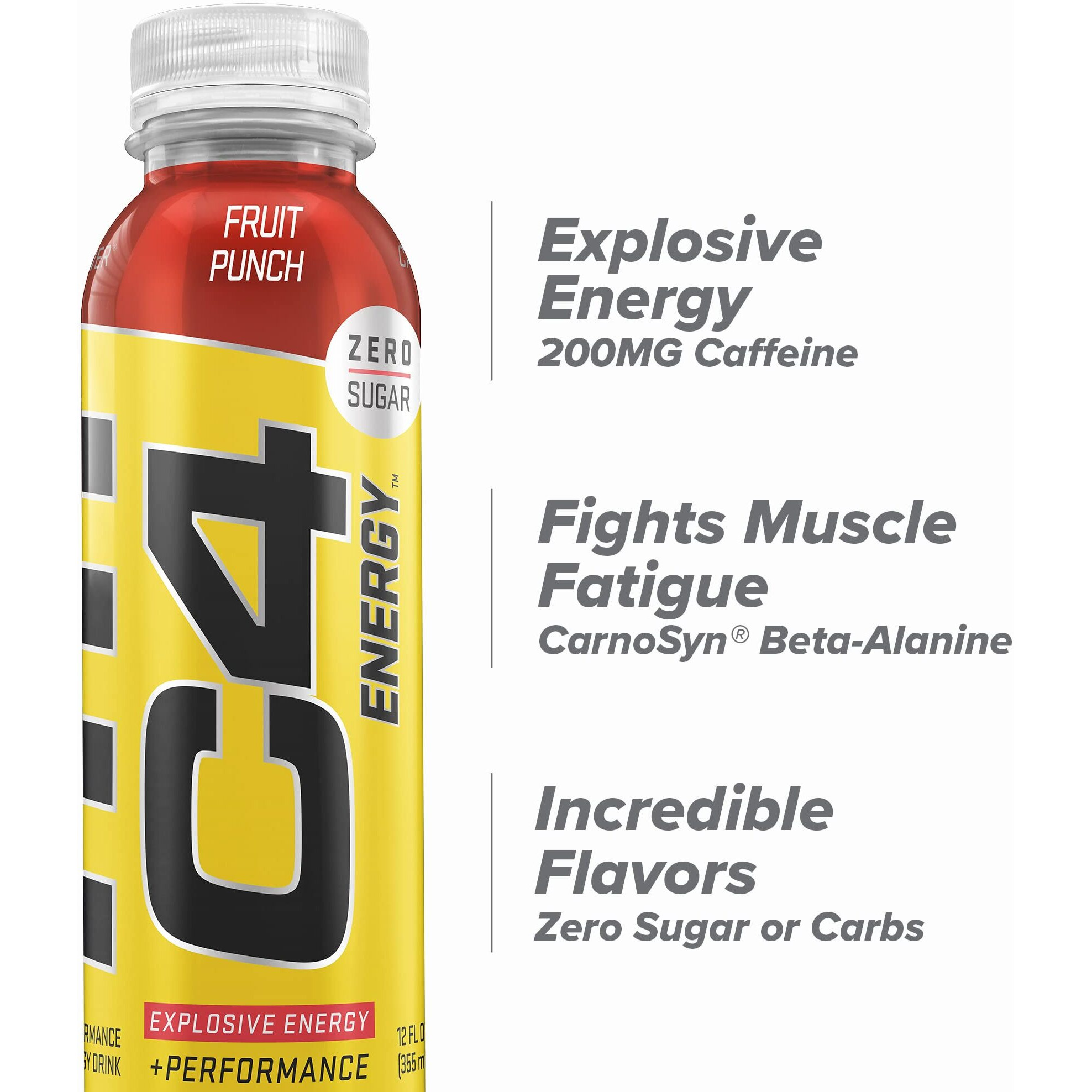 Cellucor C4 Energy Non-Carbonated Zero Sugar Energy Drink, Pre Workout Drink + Beta Alanine - Fruit Punch - 12 Fl Oz (355 Ml) - Pack Of 12