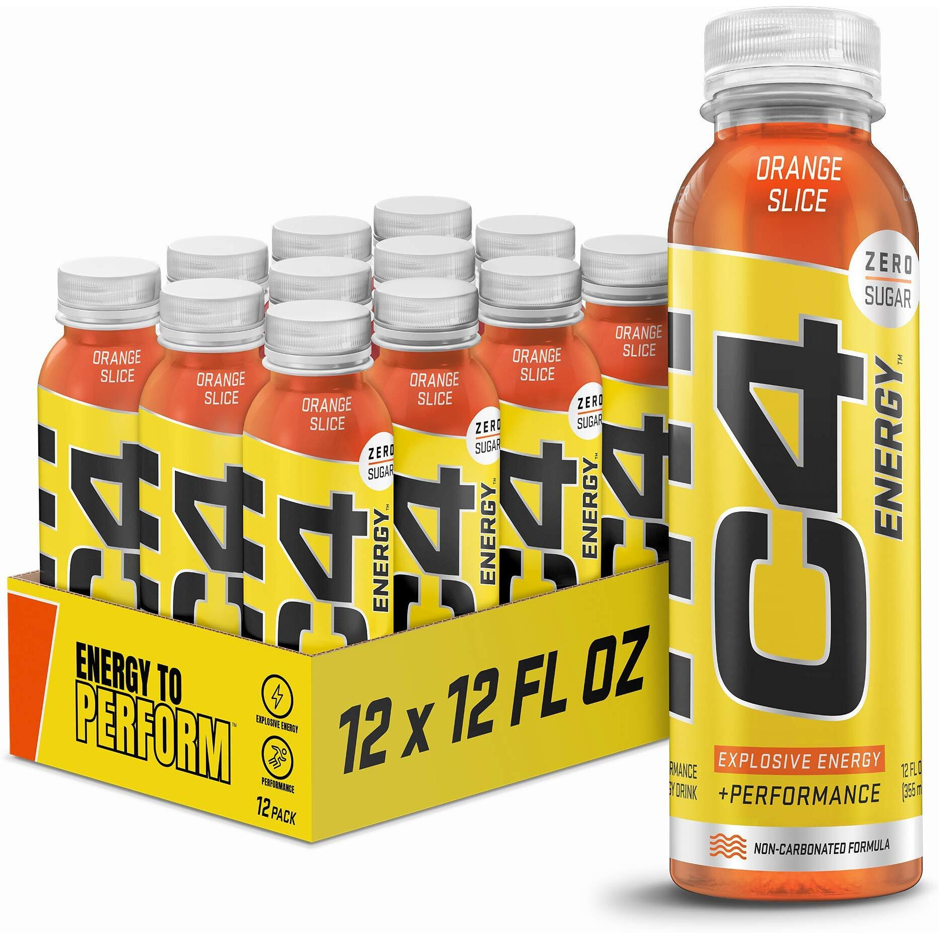 C4 Energy Non-Carbonated Zero Sugar, Pre Workout Drink + Beta Alanine, Orange Slice, 12 Fl Oz, Pack Of 12