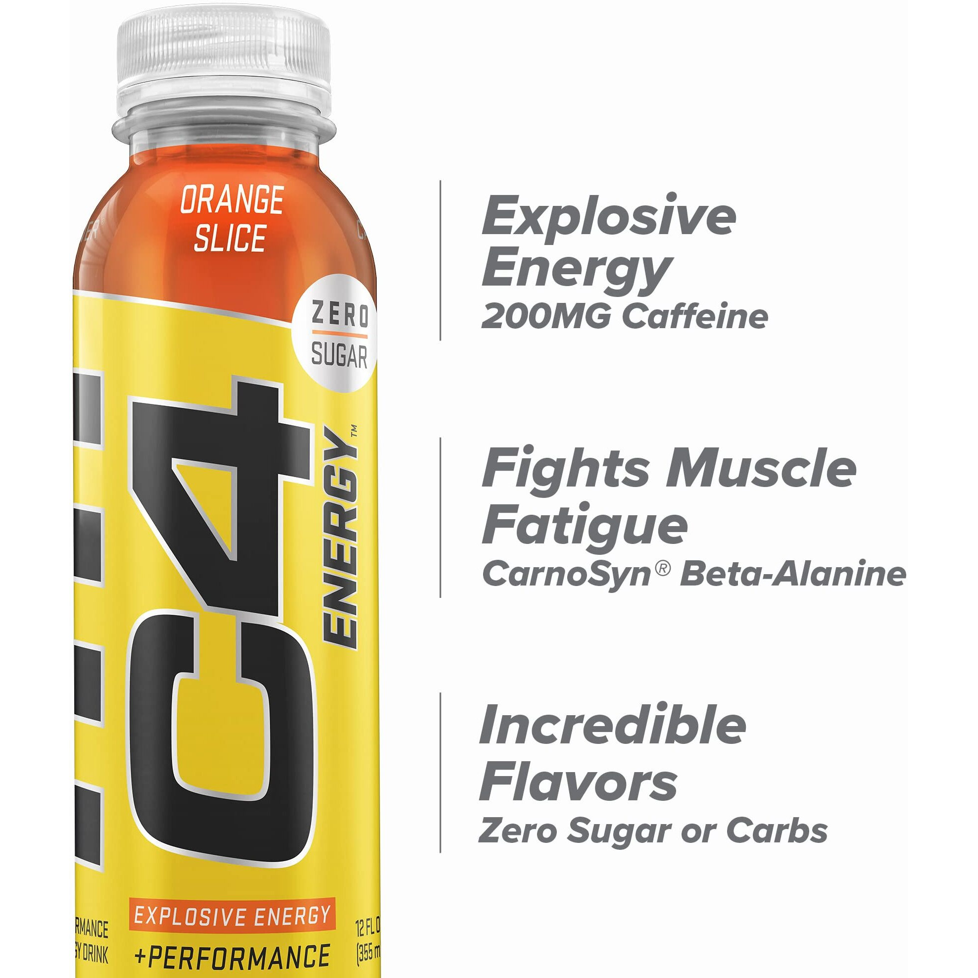 C4 Energy Non-Carbonated Zero Sugar, Pre Workout Drink + Beta Alanine, Orange Slice, 12 Fl Oz, Pack Of 12