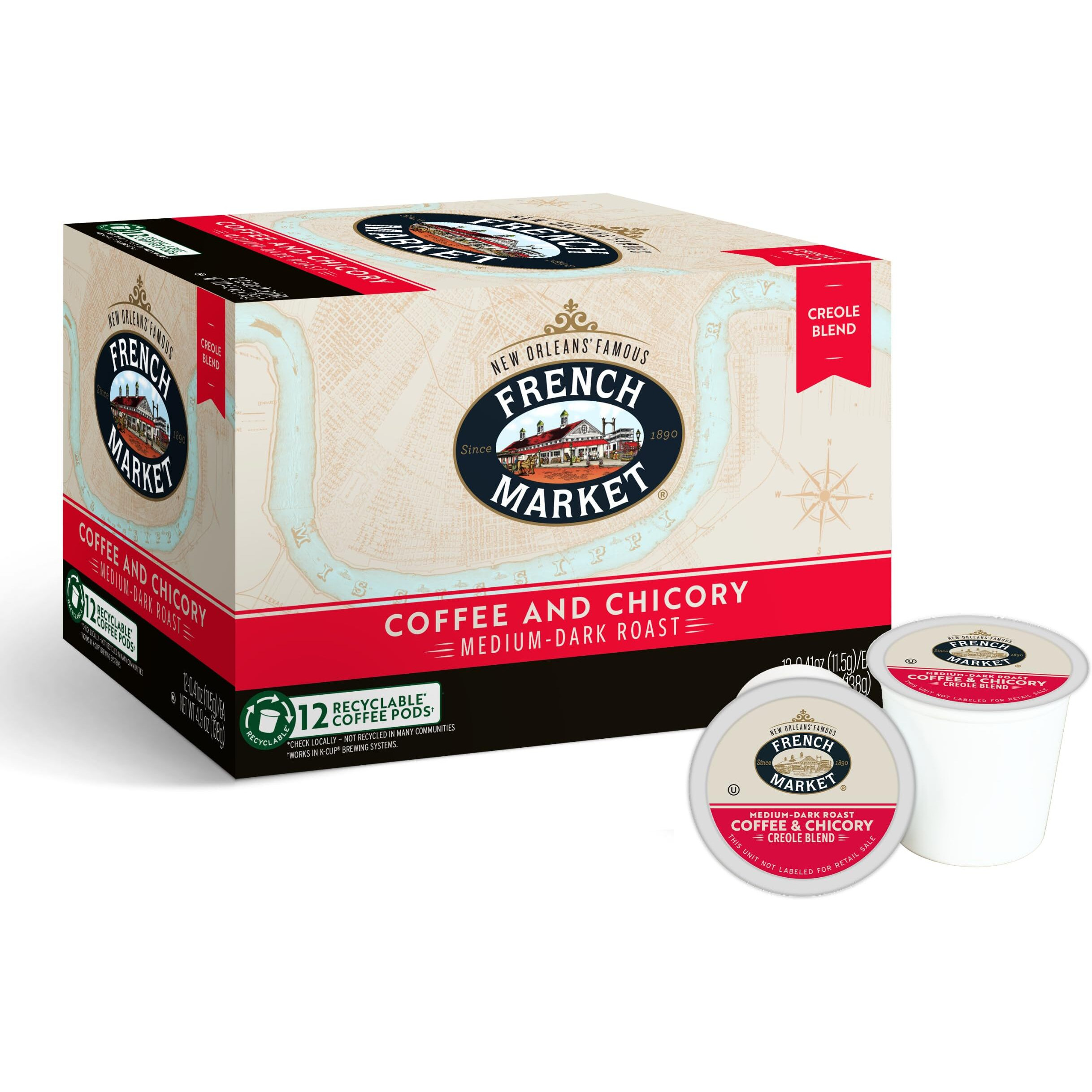 French Market Coffee & Chicory Medium-Dark Roast Single Serve Coffee Pods, 12Ct Box (Pack Of 6)