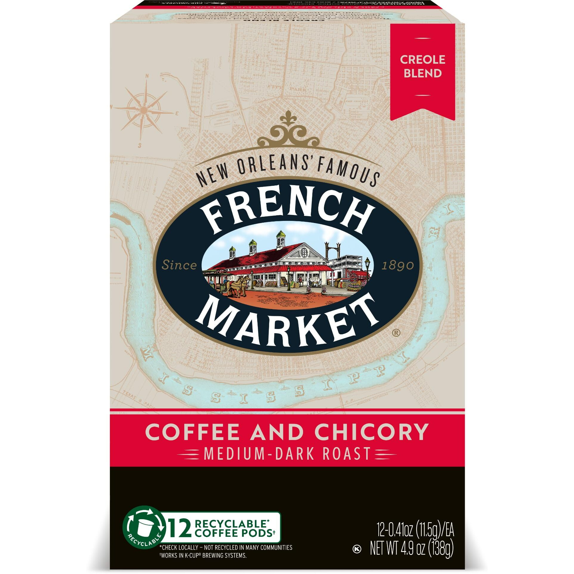 French Market Coffee & Chicory Medium-Dark Roast Single Serve Coffee Pods, 12Ct Box (Pack Of 6)