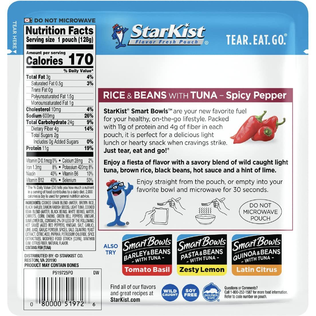 Starkist Smart Bowls Spicy Pepper, 4.5 Oz Pouch (Pack Of 12) - Features Rice & Beans With Wild Caught Light Tuna